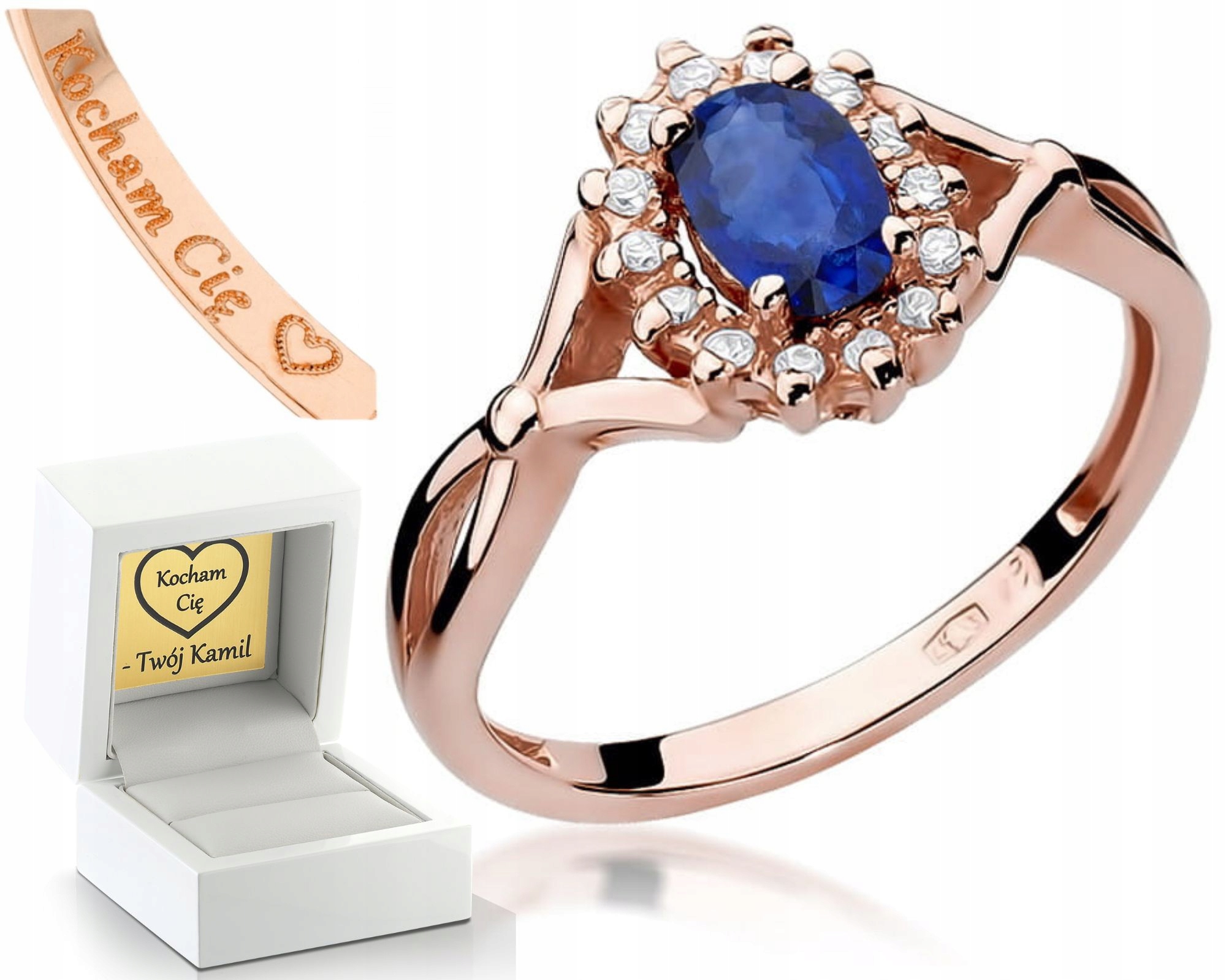 Růžové Zlato Prstýnek Safír Brilianty Markiza