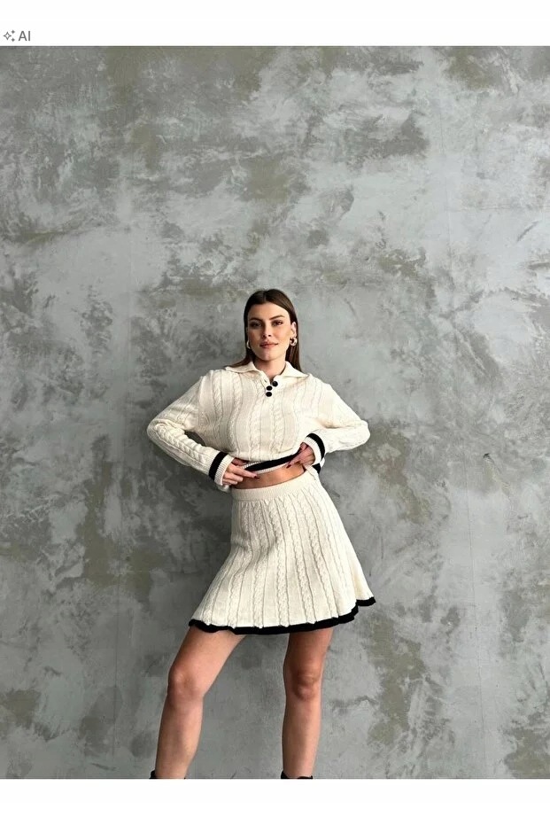 Krémový Žebrovaný Komplet S Límečkem, Elegantní, Univerzální, 5IA