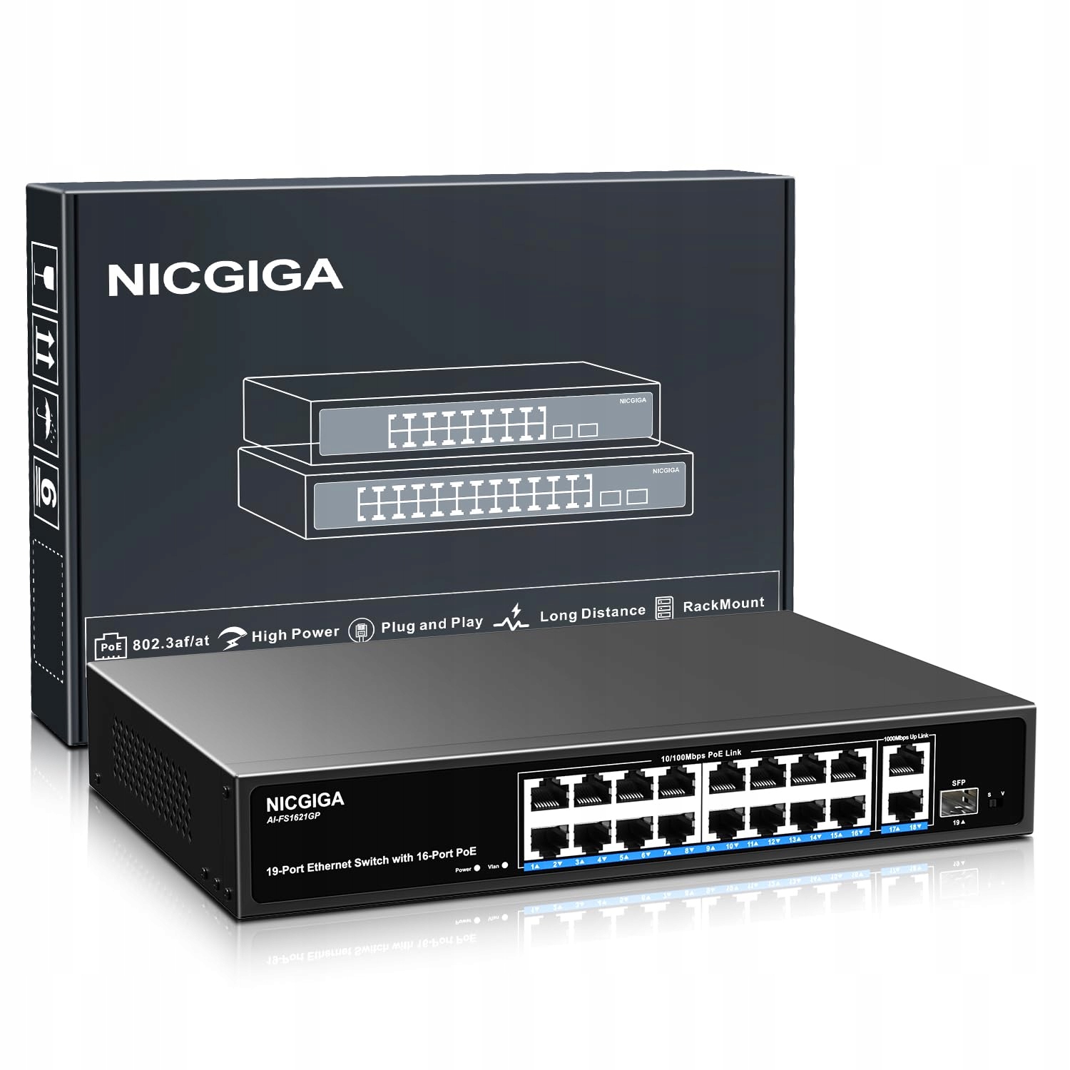 19-portový sieťový prepínač Power Over Ethernet Nicgiga, režim Vlan