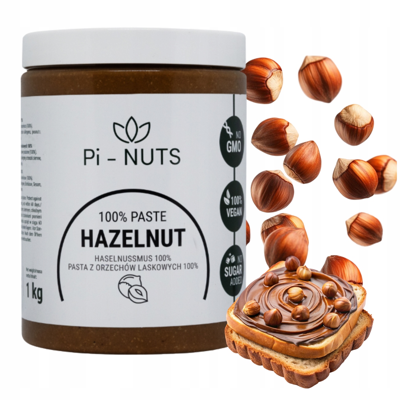 Pasta Z Orzechów Laskowych 100% Naturalny 1KG Źródło Błonnika Pi-nuts