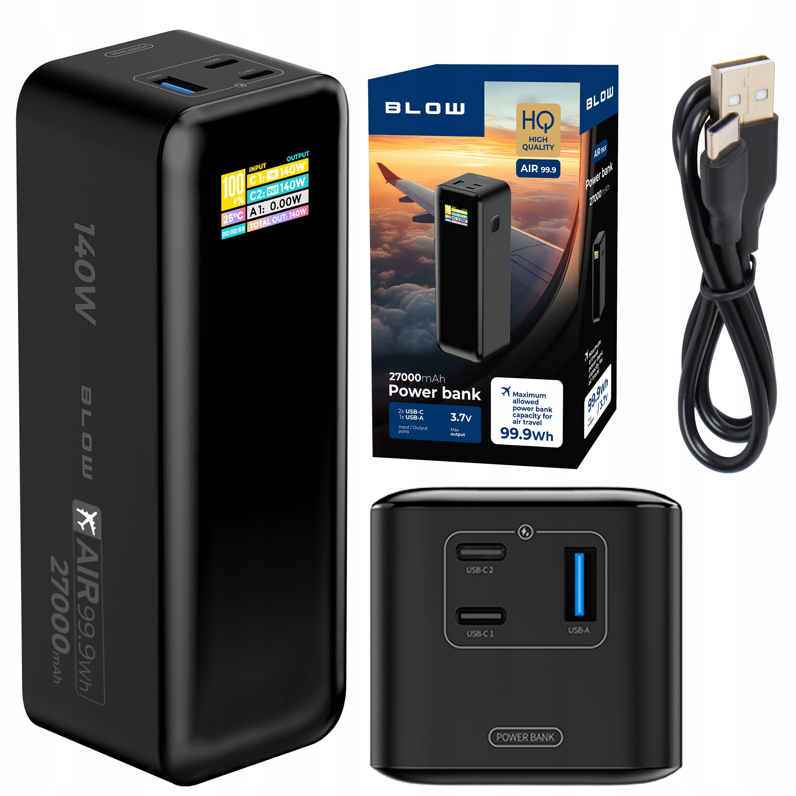 Powerbank 27000 mAh 140W Qc Pd Usb-c LCD Power Bank Szybki Mocny Podróżny