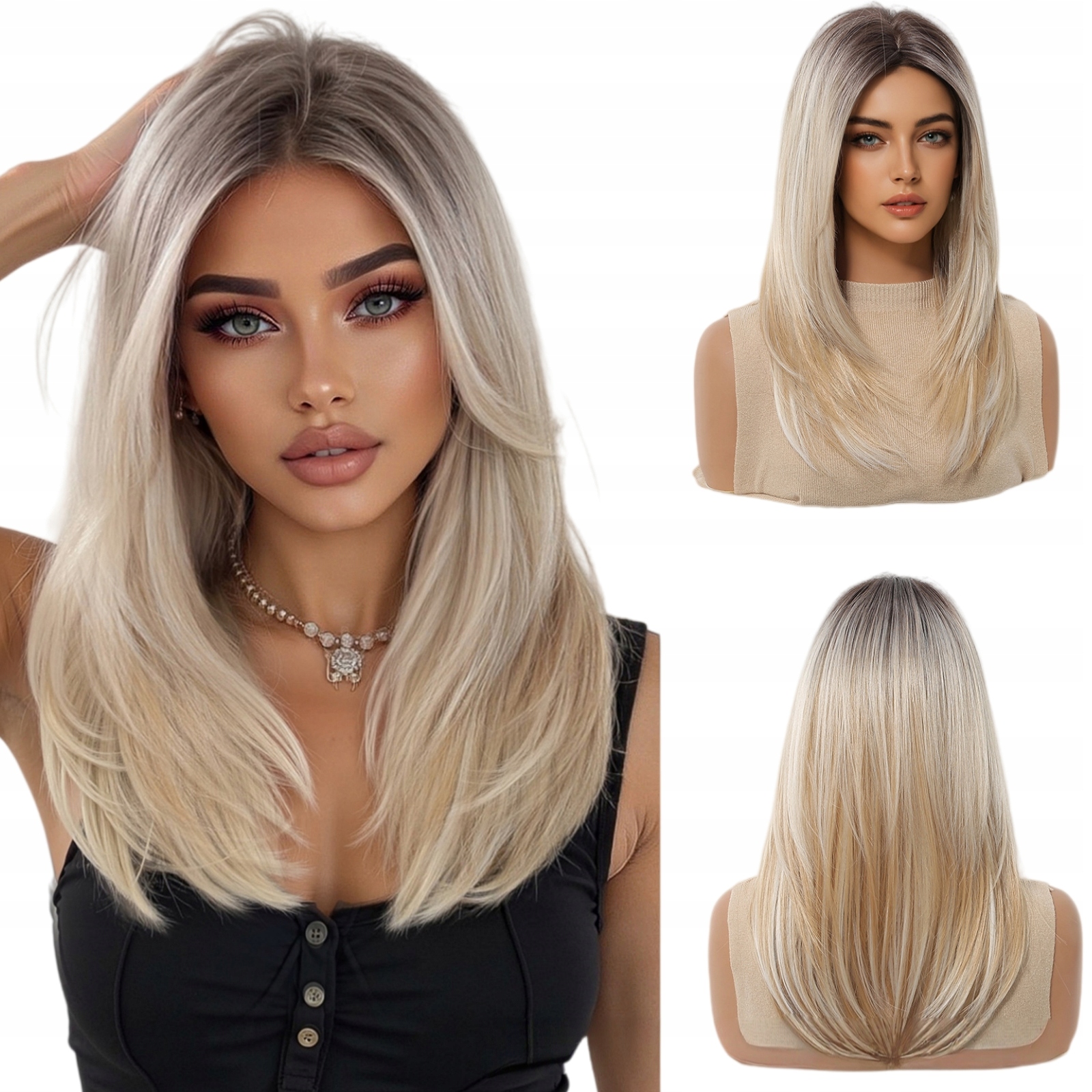 Peruka Blond Ombre Długa Z Grzywką Naturalny