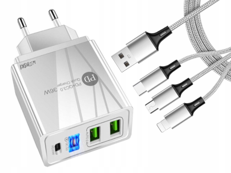 

Bardzo Szybka Ładowarka do Telefonów +Kabel 3w1