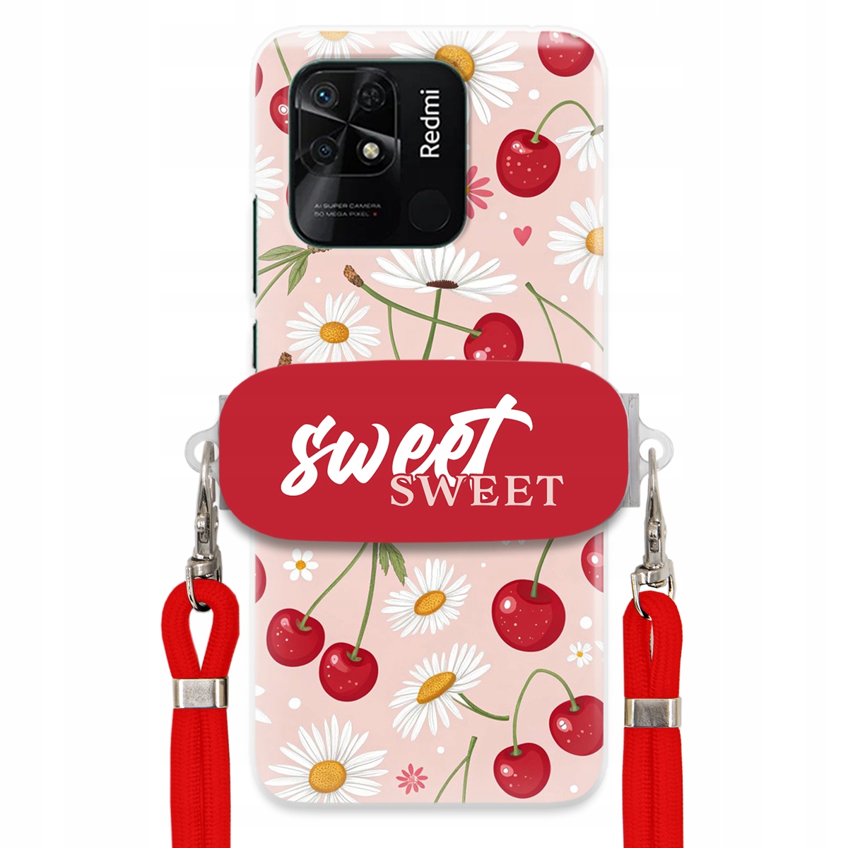 Pouzdro pro Xiaomi Redmi 10C 4G Červené vodítko držák Sweet Sweet Višňový Květ