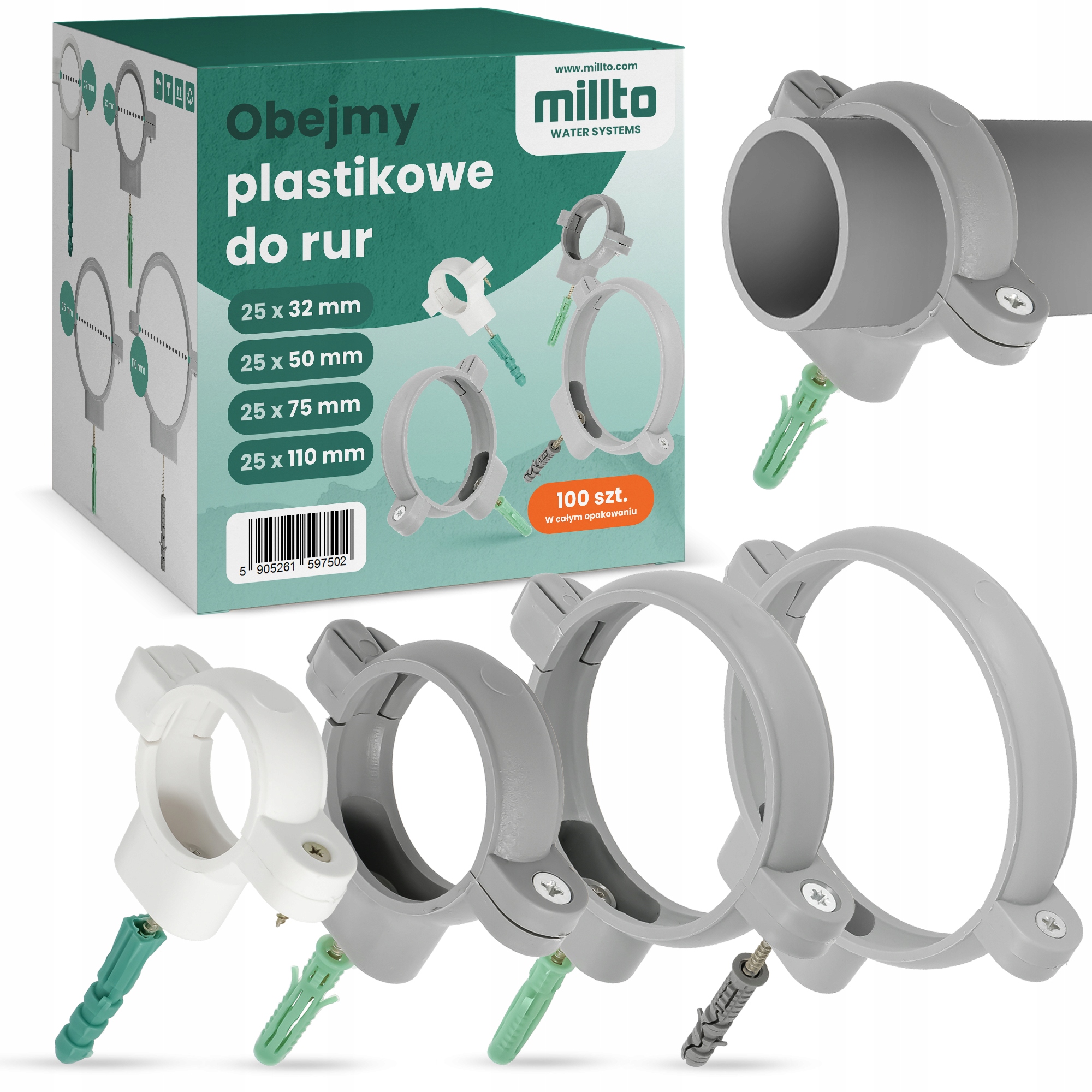 4x25ks Objímka Plastová rukoväť Rúrka 32/50/75/110