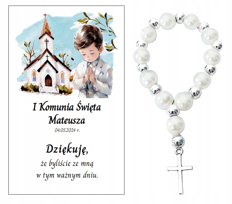 Podziękowanie dla gości DZIESIĄTKA RÓŻAŃCA KOMUNIA PAMIĄTKA PERSONALIZACJA