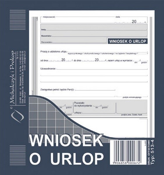 

Wniosek O Urlop 513-4 40 kartek w bloczku