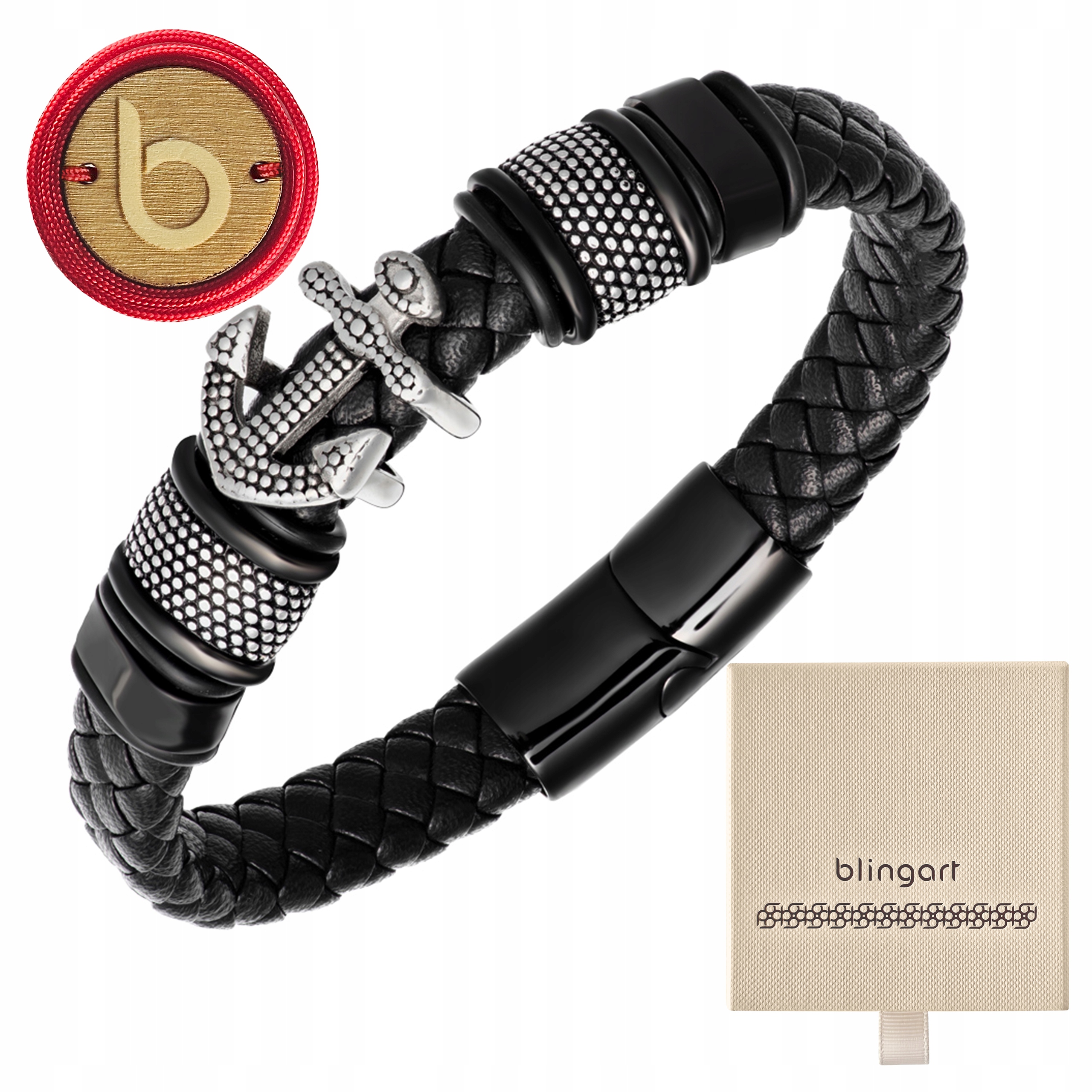 Pánský náramek kožený, černá pletená kotva z oceli 316L Blingart