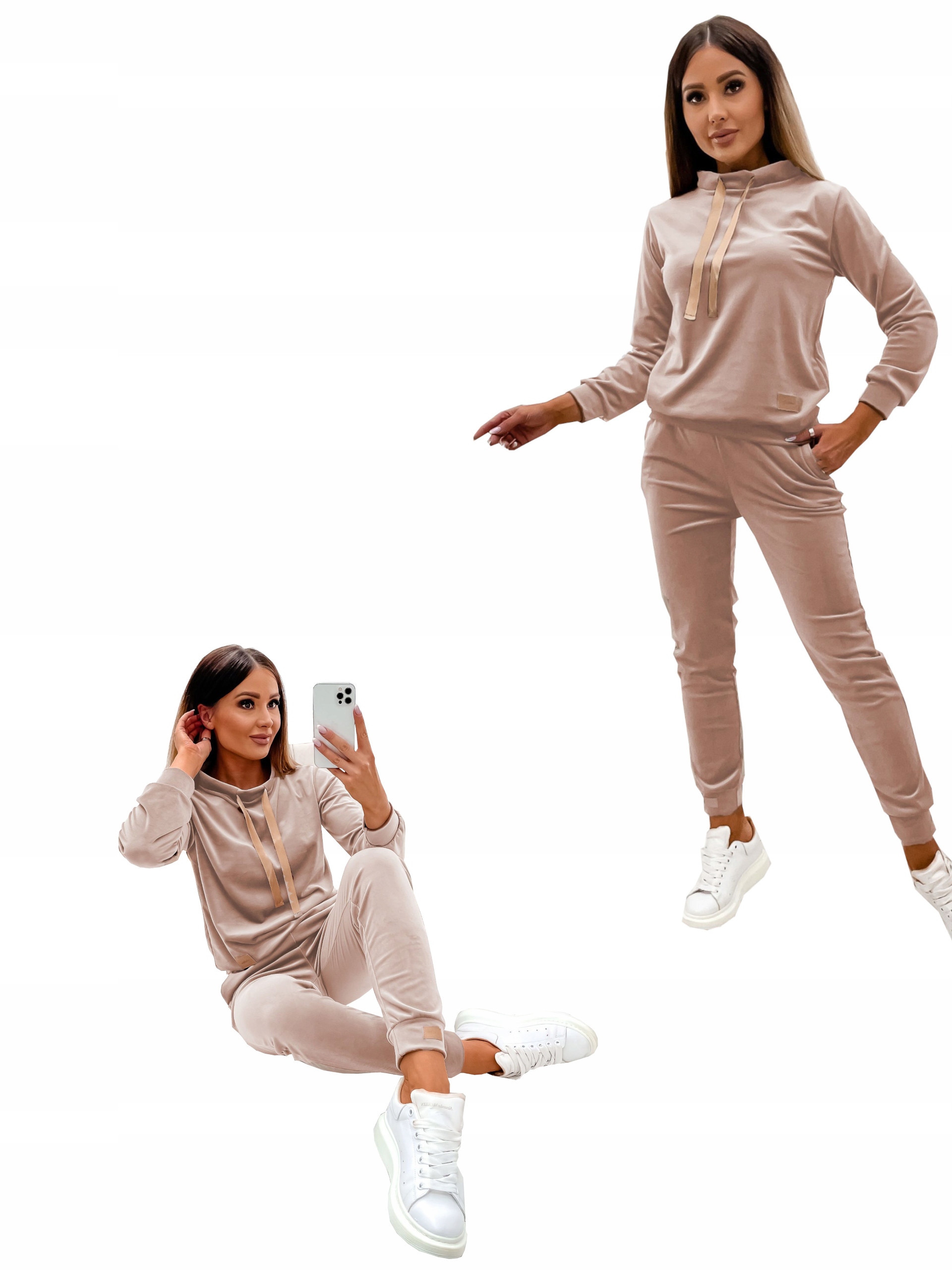 Welurowy Dres Damski Beżowy Stójka Złote Detale Komplet Gloria S