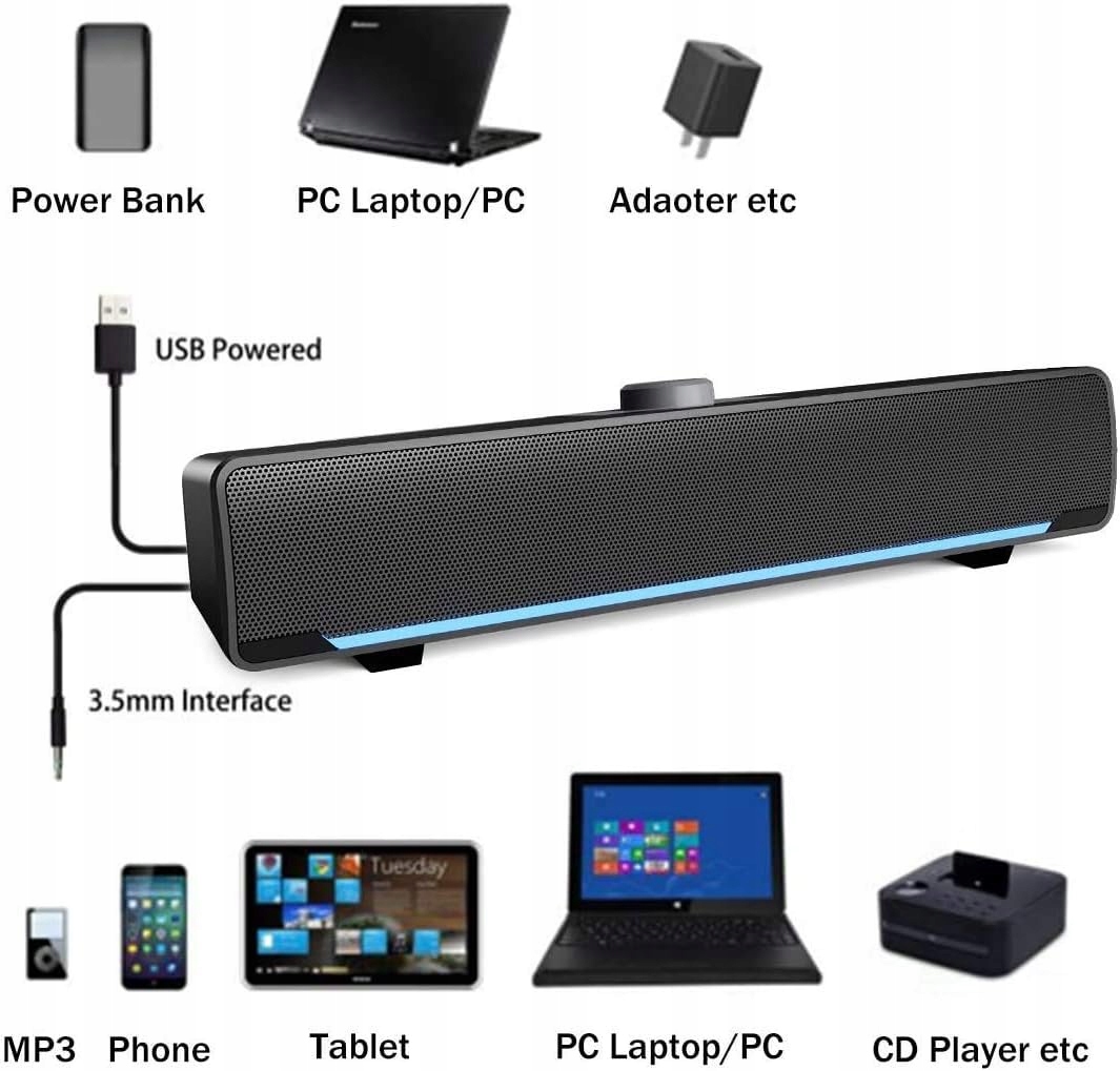 Soundbar Głośnik Bluetooth Przenośny USB AUX Czarny do Laptopa Telewizora Kolor czarny