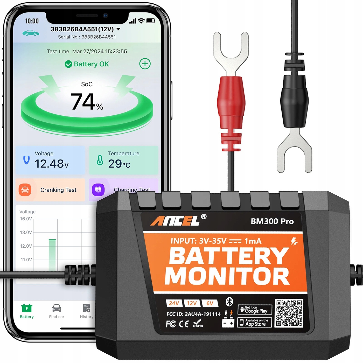 Monitor batérií Bluetooth 6V/12V/24V Tester Soc Vodotesný a nabíjateľný