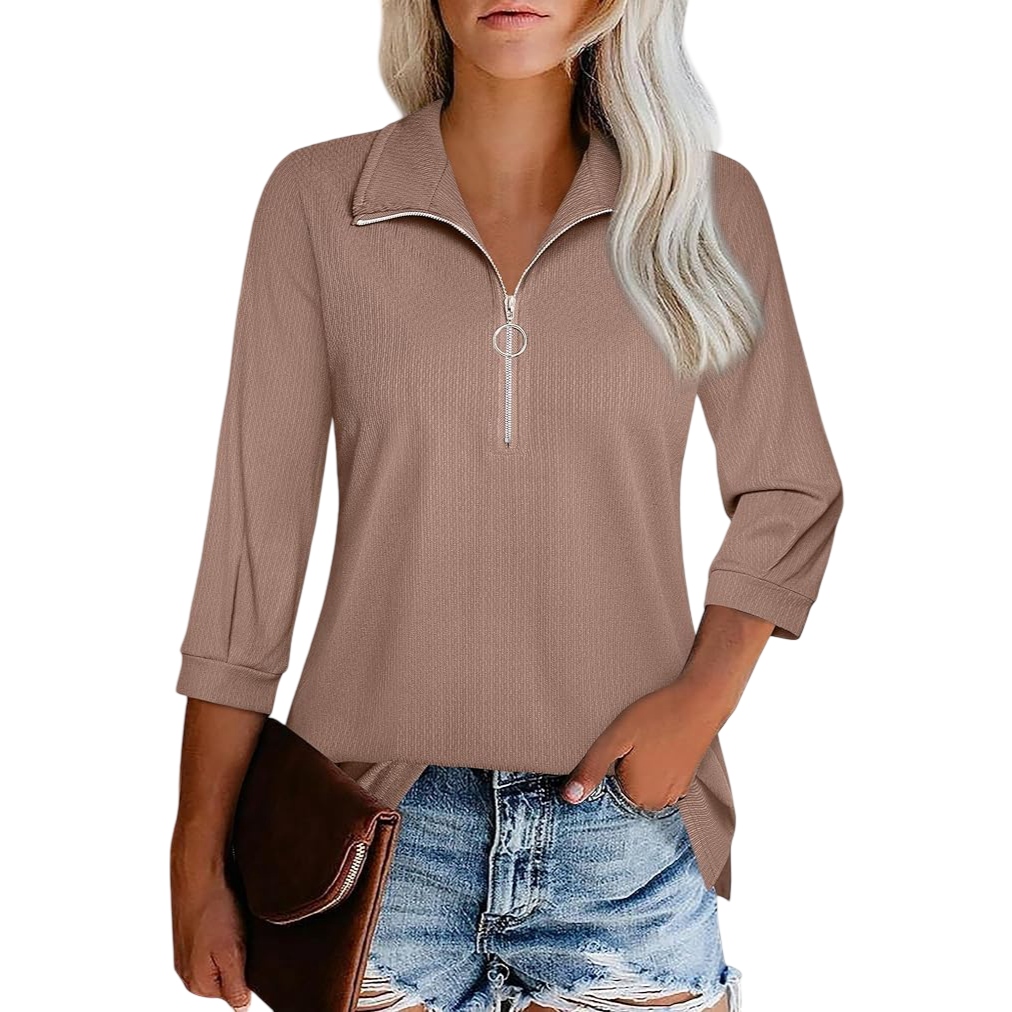 Dámská Mikina Svetr Golf se zipem Rukáv 3/4 Elegantní Stylová Hnědá XXL