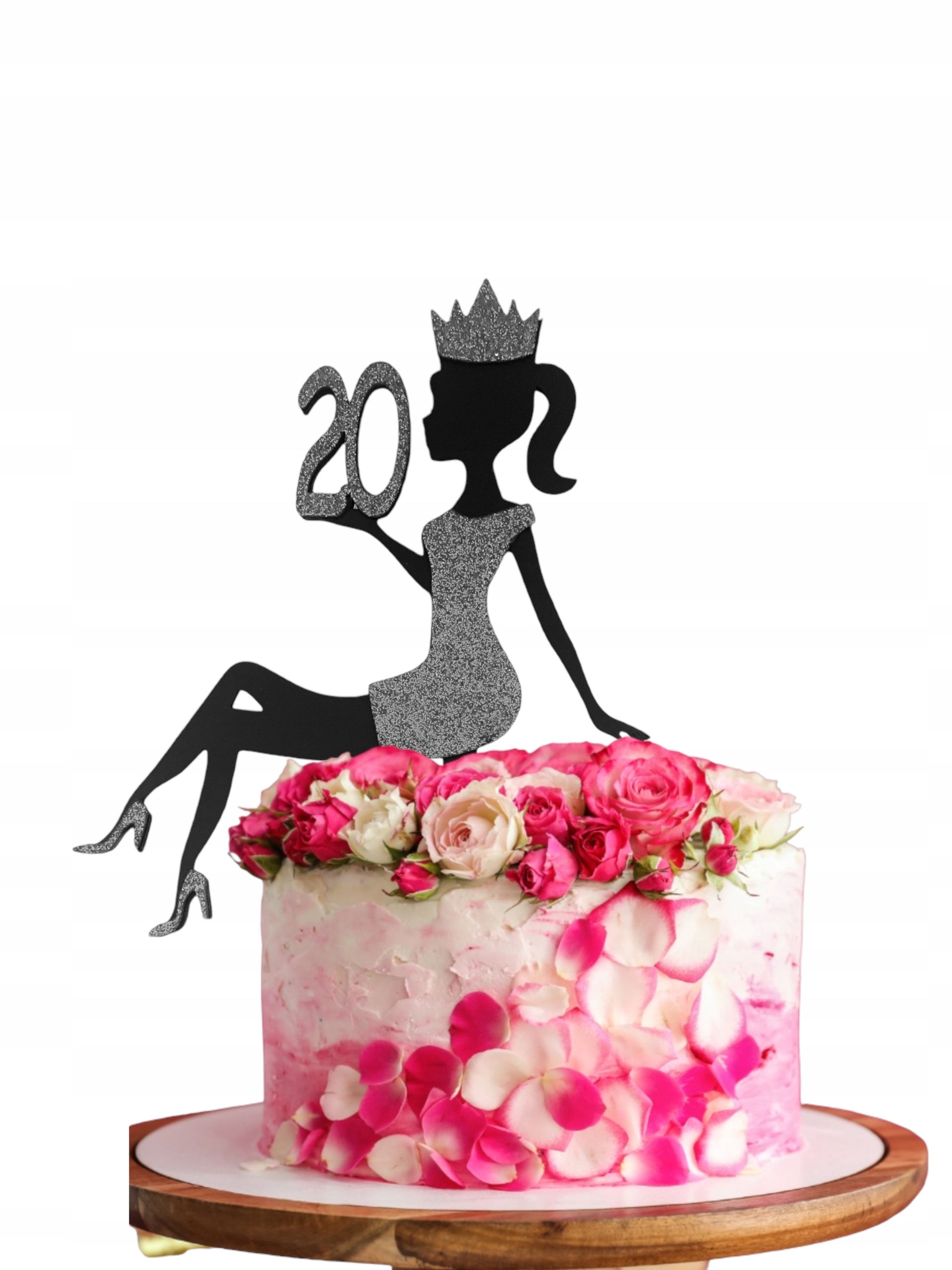 Topper czarny KOBIETA NA TORT 20 URODZINY srebrny brokat