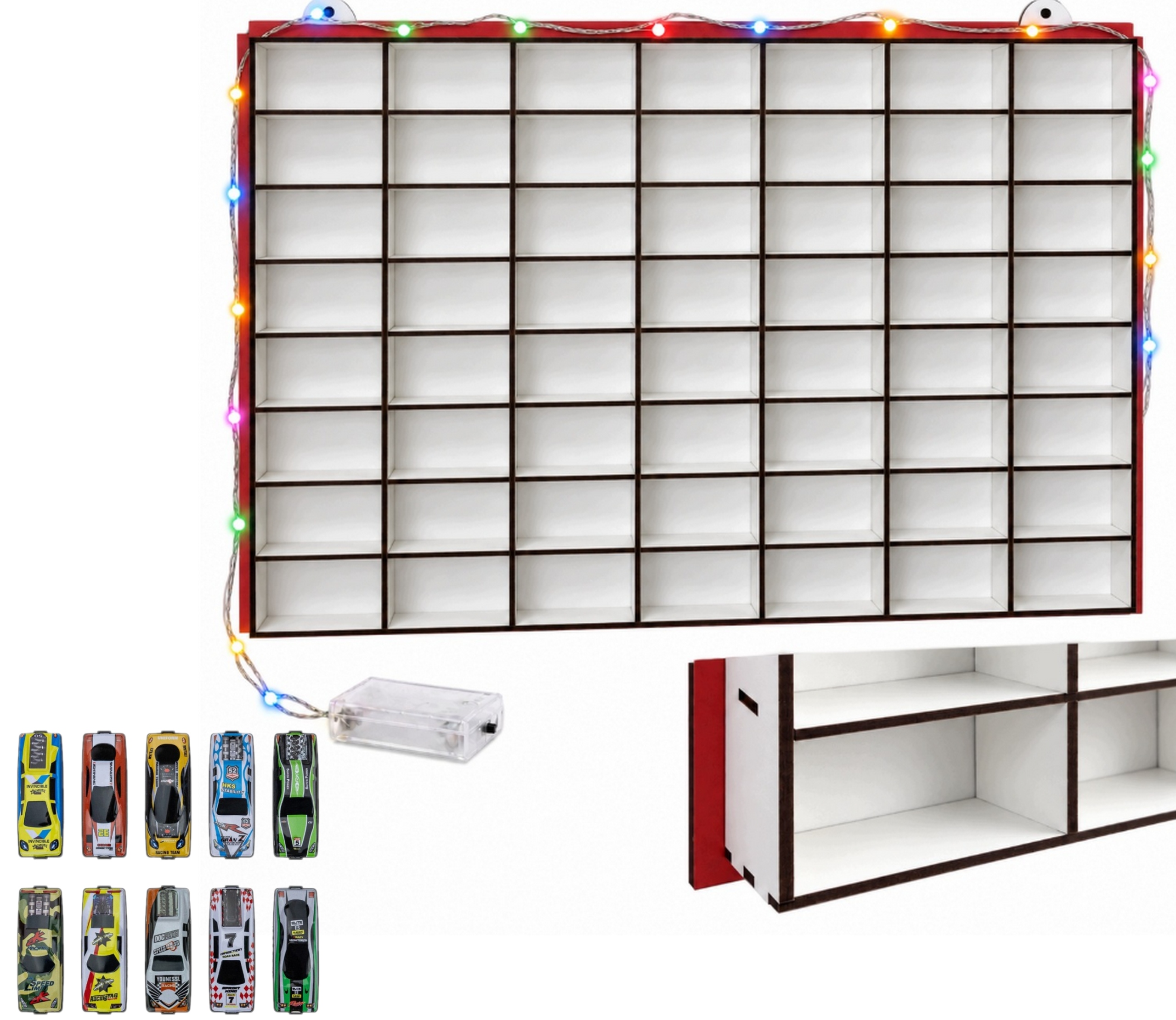 Organizer półka na resoraki Autka 56 szufladek Giga 64x44 cm Led 10 Autek