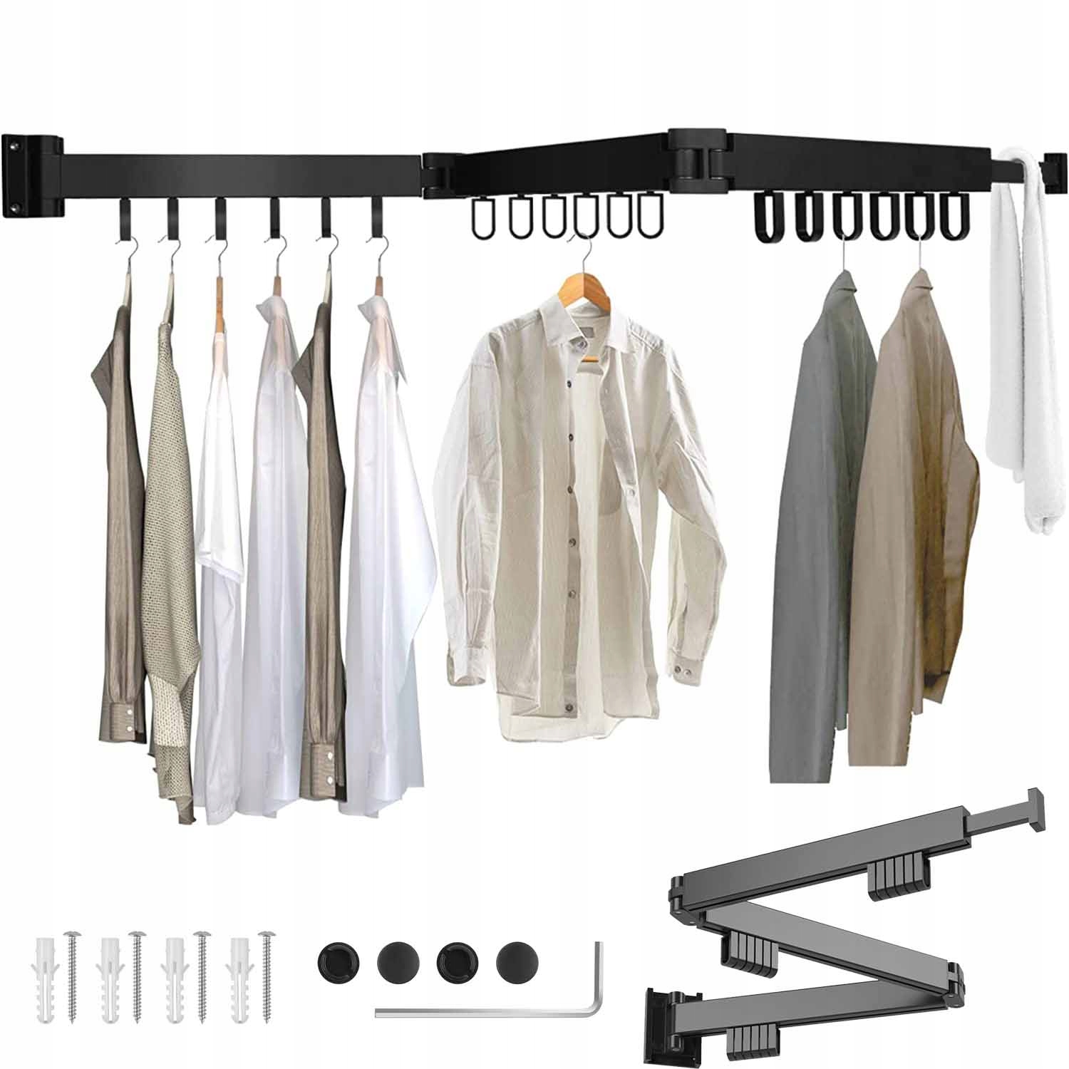 Levně Věšák Sušák Tyč Na Oblečení Pro Montáž Na Stěnu Skládací Černá 120 CM