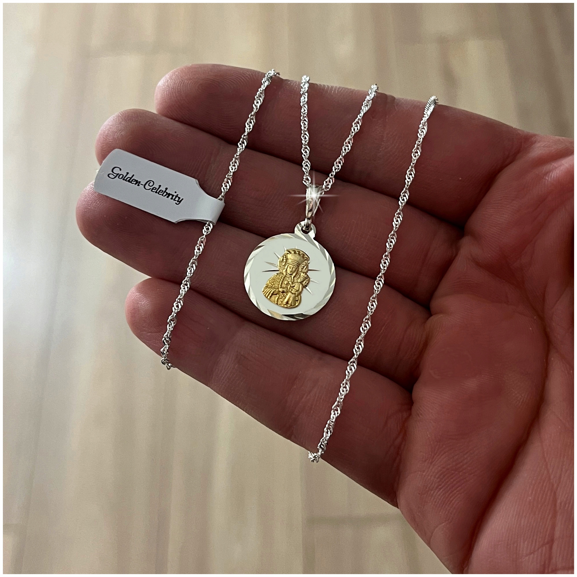 SREBRNY NASZYJNIK KOMUNIJNY ŁAŃCUSZEK MEDALIK 925 DLA DZIEWCZYNKI + GRAWER Marka Golden Celebrity