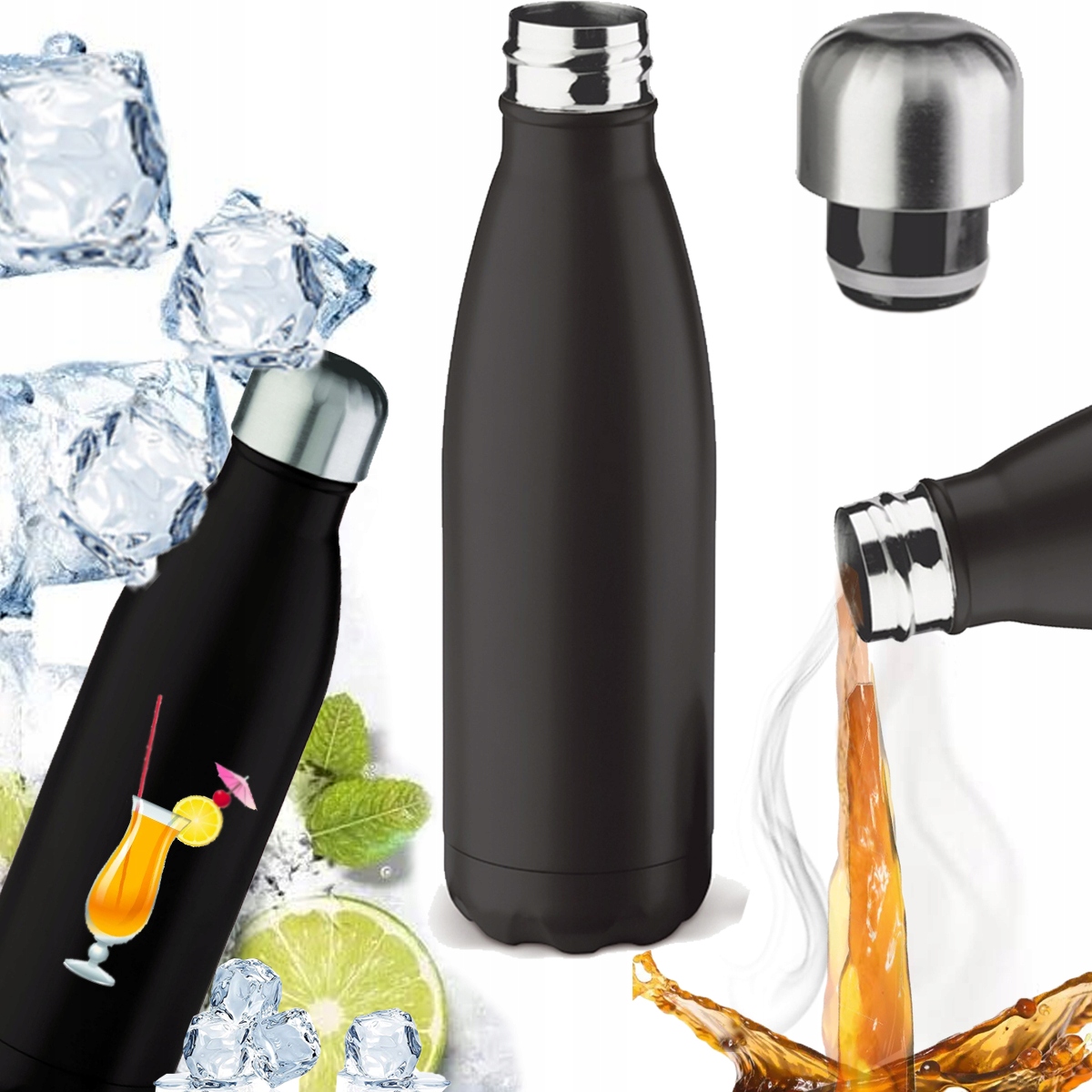 TERMOS PRÓŻNIOWY BUTELKA 500ml STAL NIERDZEWNA TERMICZNY SZCZELNY CZARNY