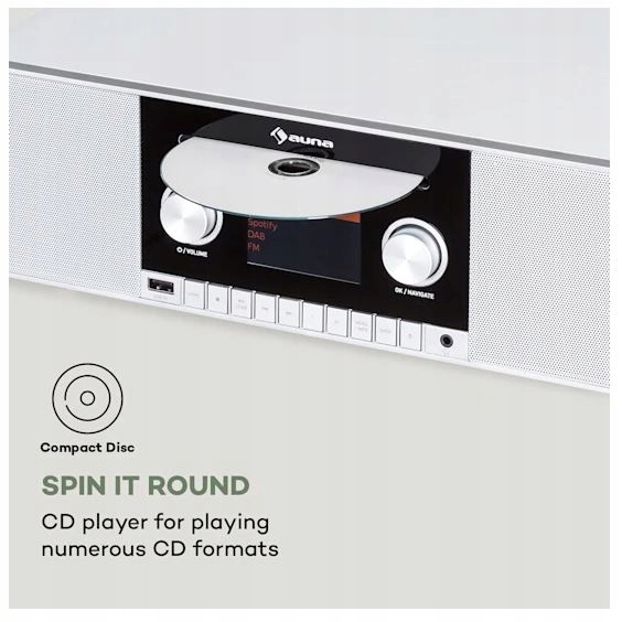 AUNA CONNECT CD MKII RADIO INTERNETOWE CD FM BT MP3 DAB+ SPOTIFY Funkcje budzenie radiem funkcja drzemki funkcja podwójnego alarmu funkcja RDS odtwarzanie płyt CD