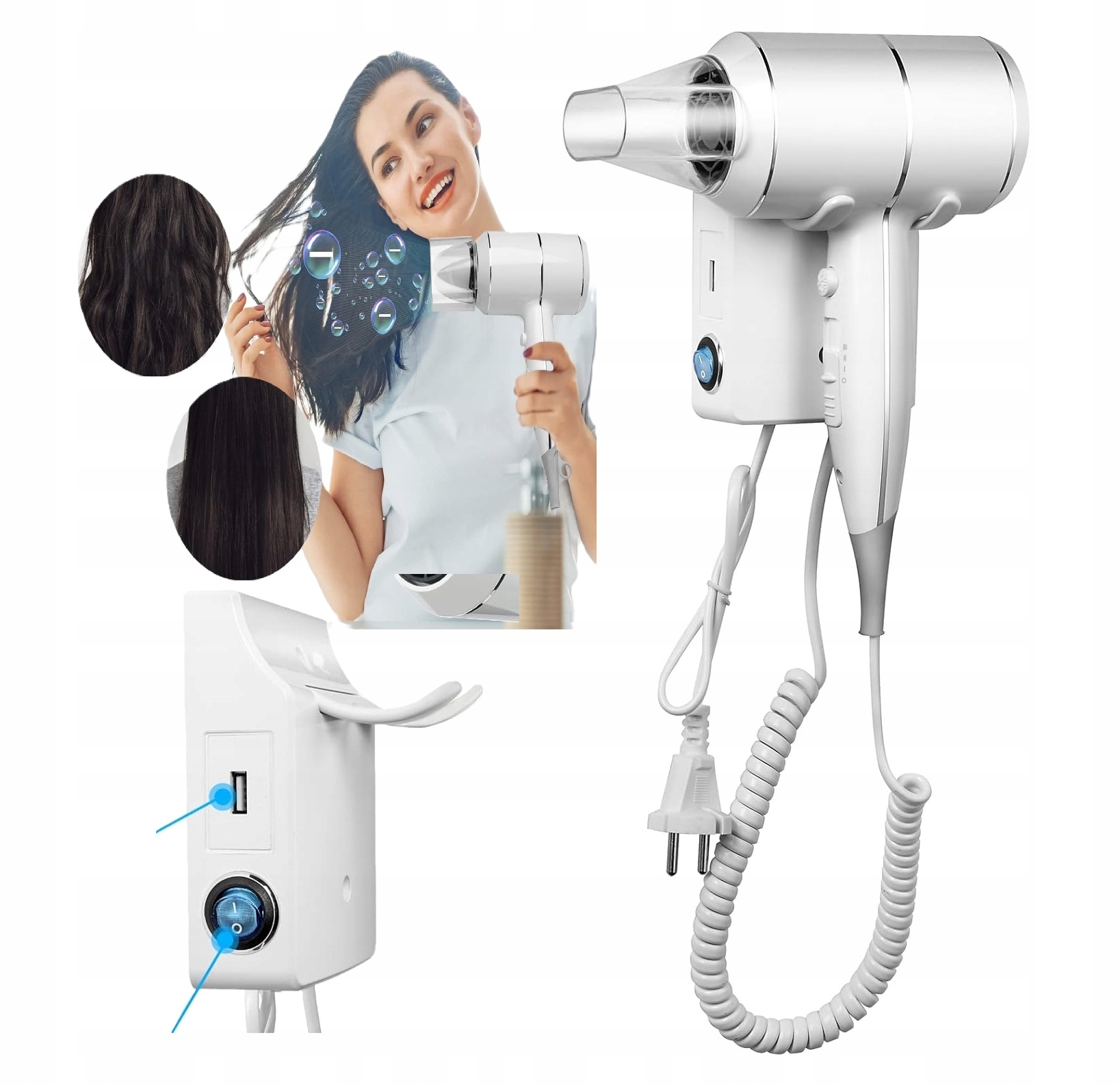 Hotelová nástenná sušička vlasov 2000 W s ionizáciou, silný držiak s Usb