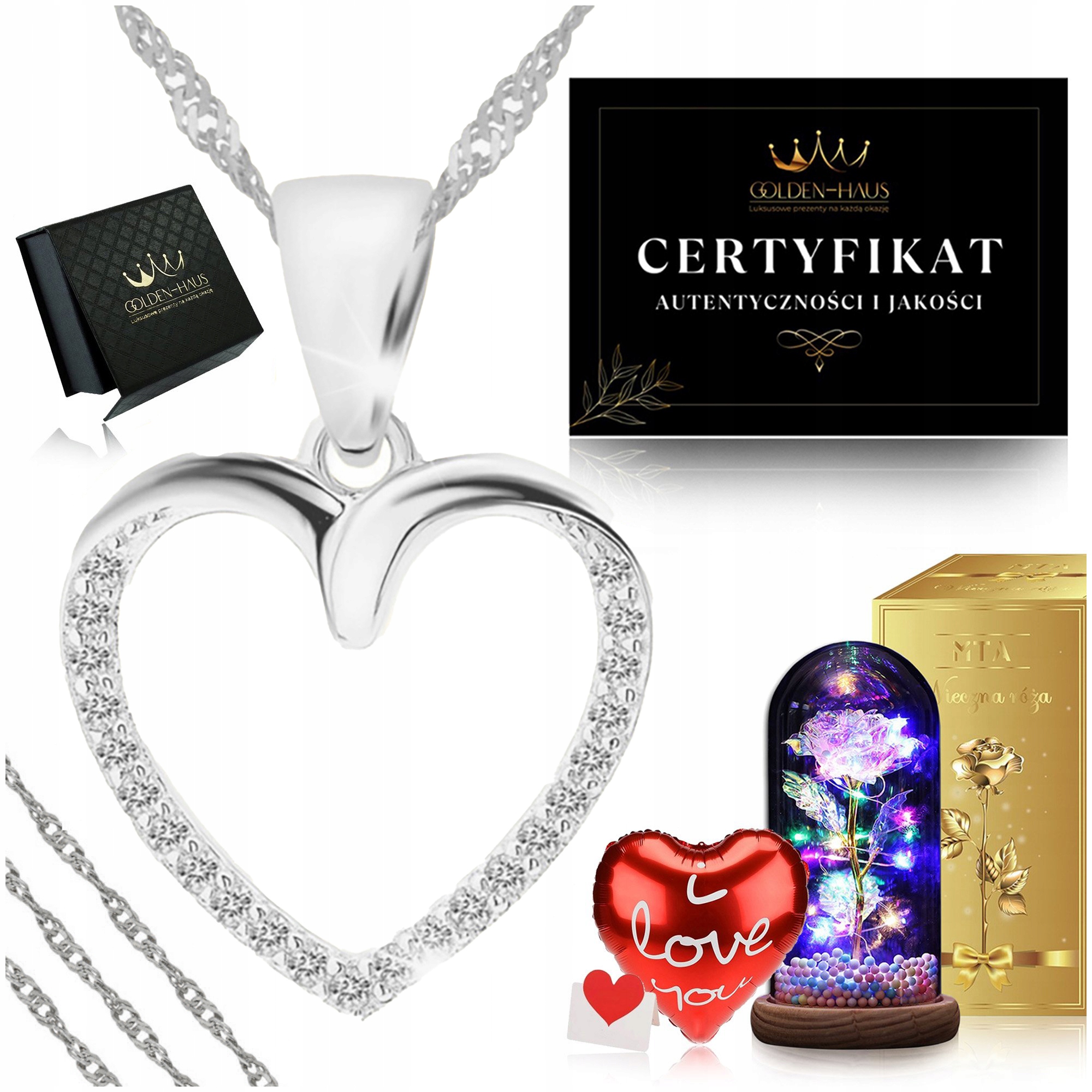 Stříbrný Dámský Řetízek Srdce Náhrdelník Ryzost 925 Přívěsek Led Věčná Růže