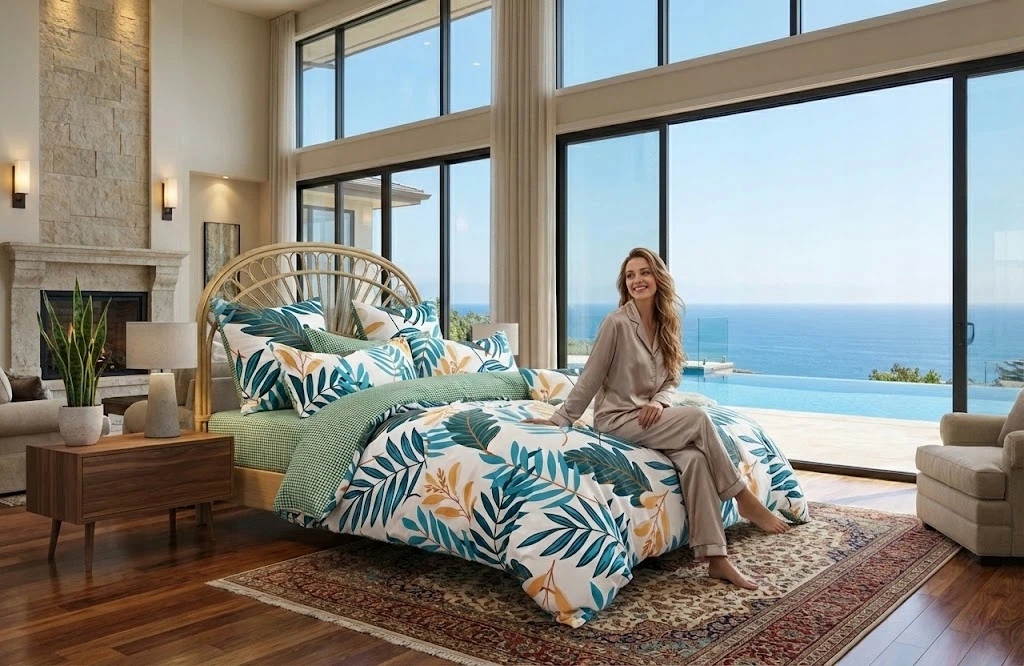 Ložní souprava s tropickými listy, bílá, modrá, zelená, 3dílná, bavlna AB316