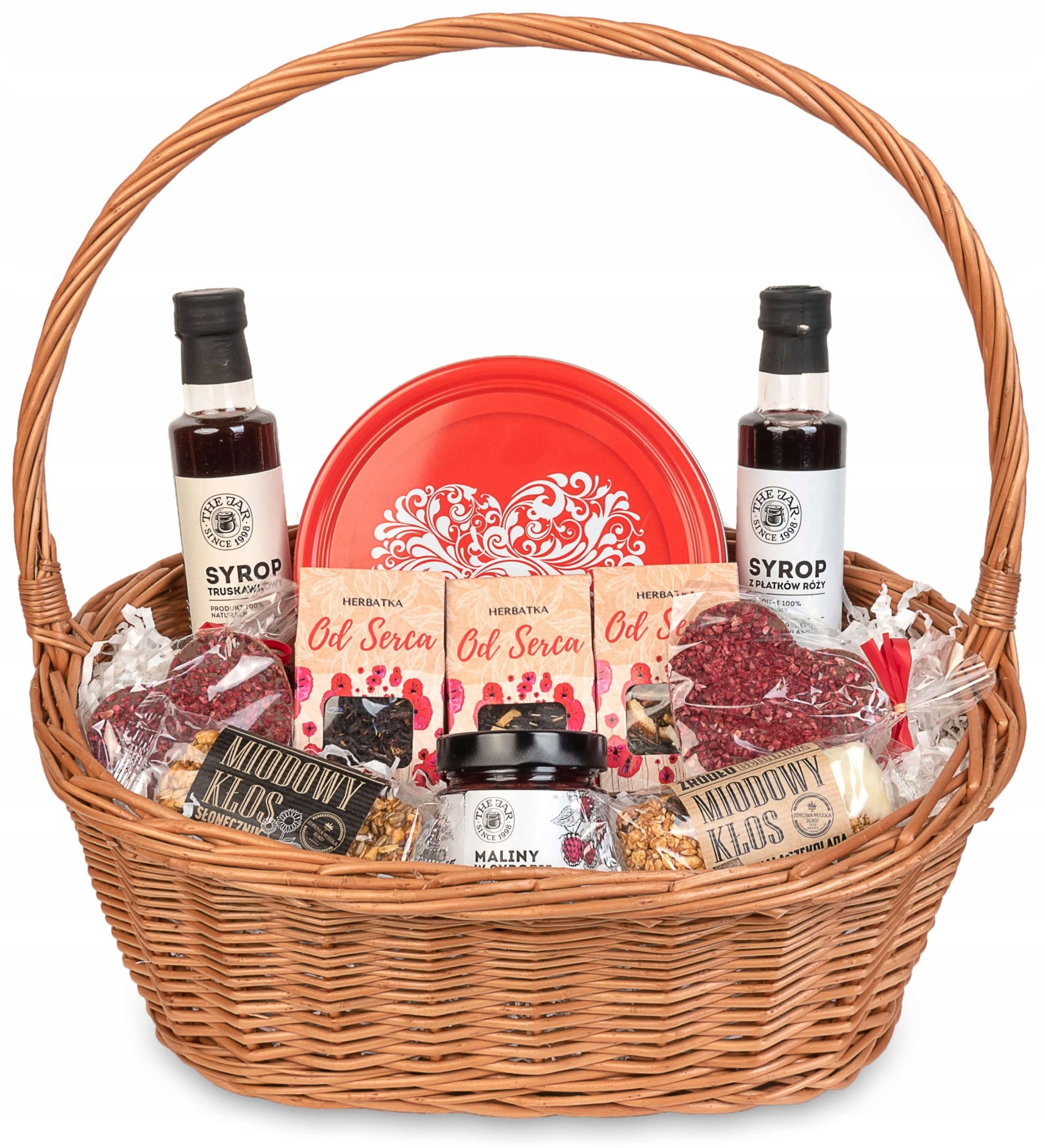 Kosz prezentowy Duży Od Serca z ciastkami i herbatą syropy czekolady zestaw