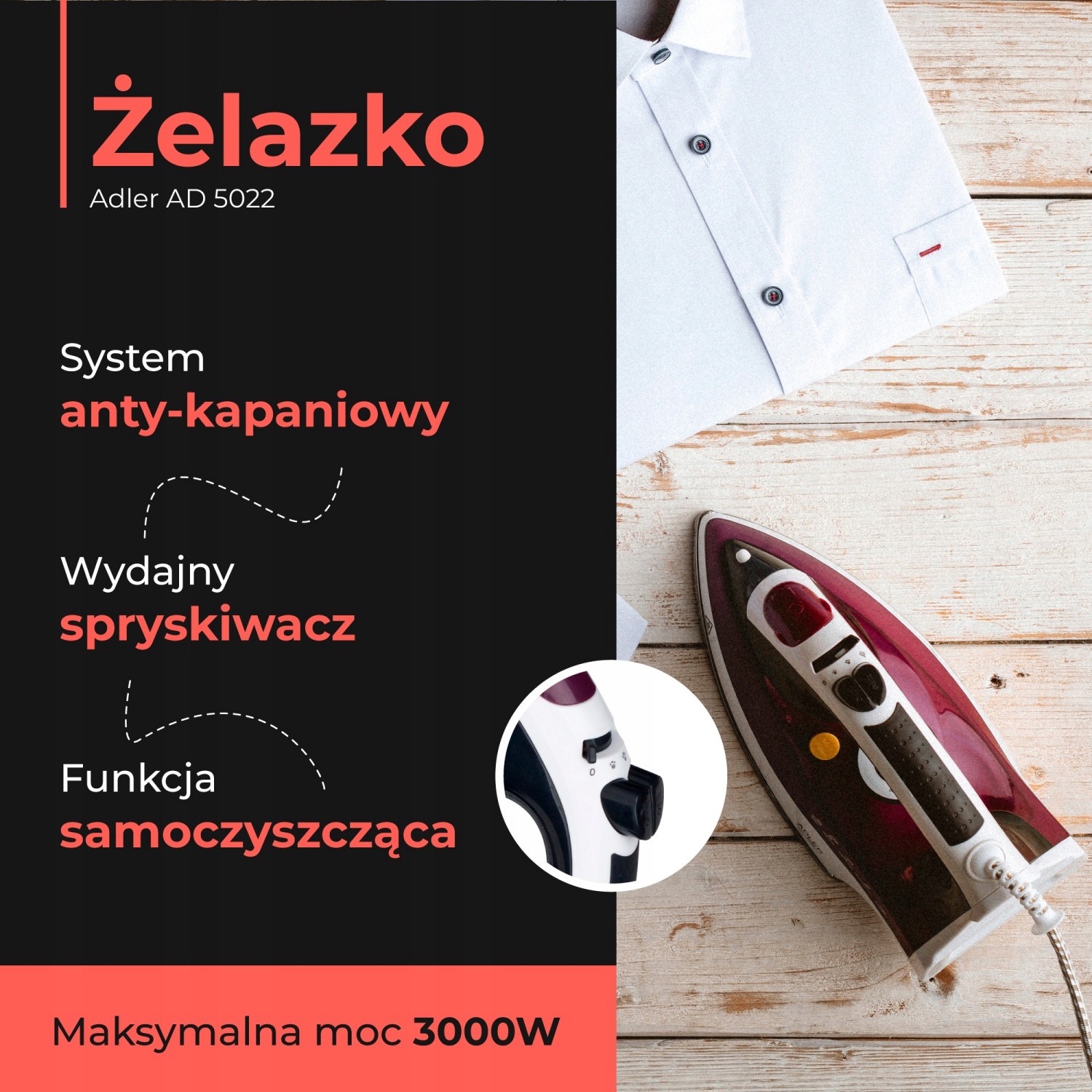 Żelazko AD 5022 3000W z Funkcją Samoczyszczenia i Anti-Calc