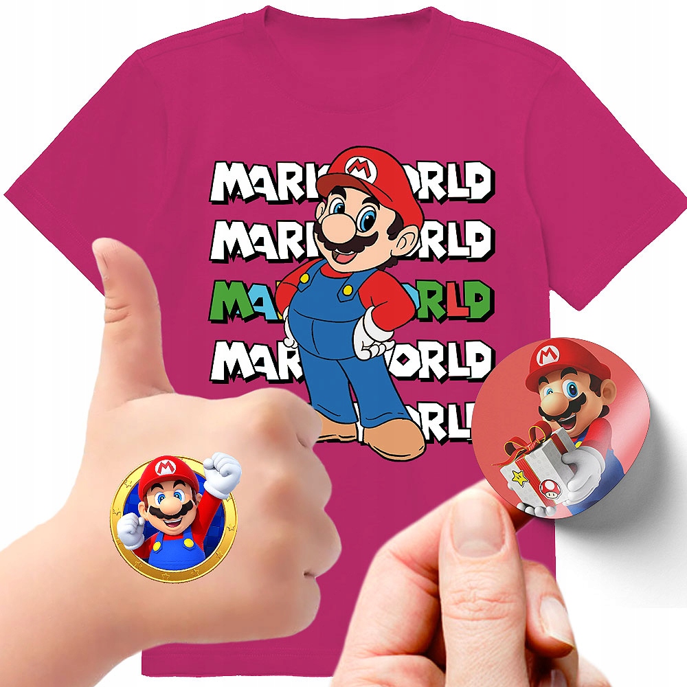 ZESTAW 3W1 KOSZULKA DLA DZIECI TATUAŻE NAKLEJKI SUPER MARIO BROS 164 JAKOŚĆ