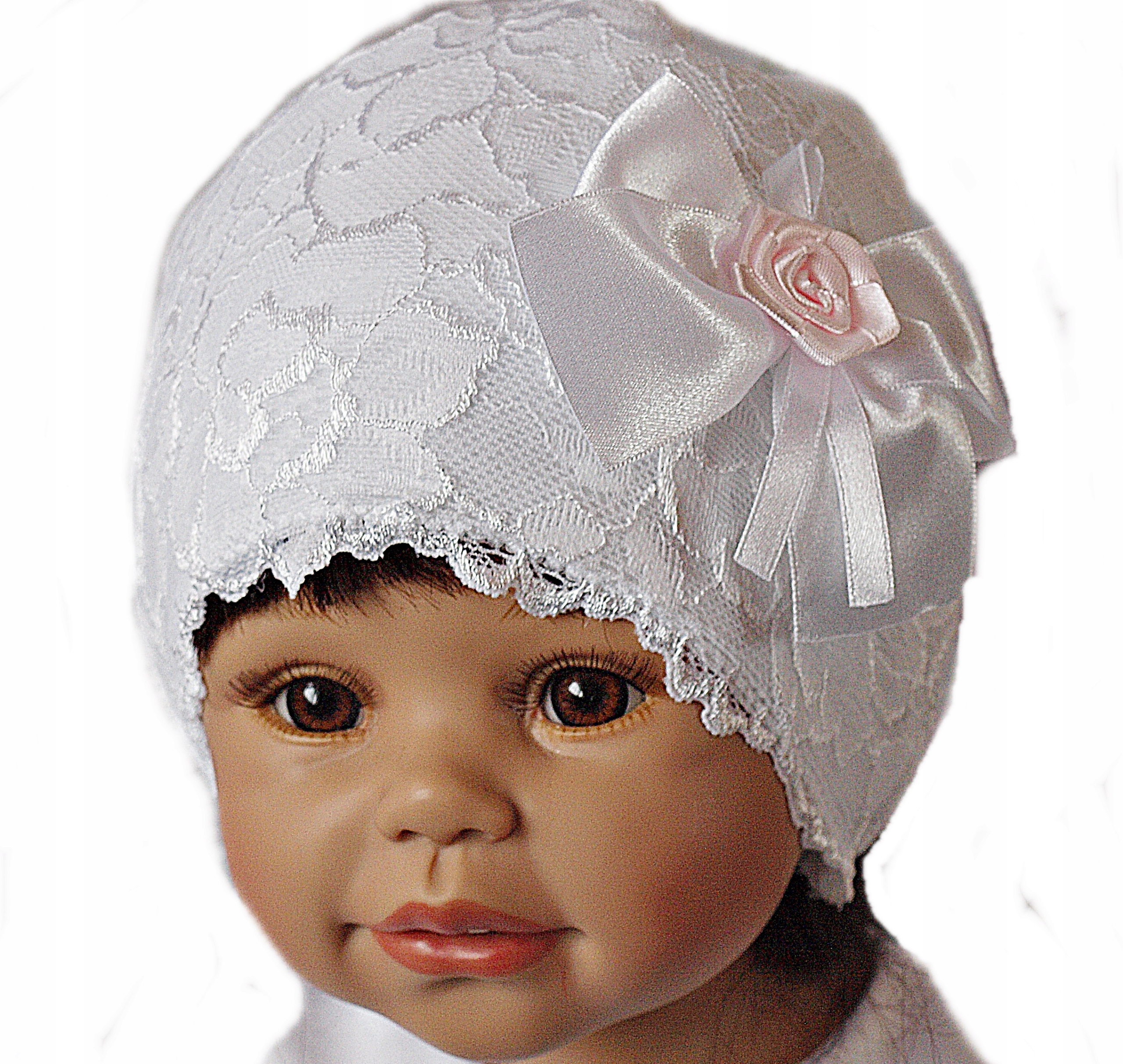 BIAŁA CZAPECZKA KORONKA I POLAR NA CHRZEST 68