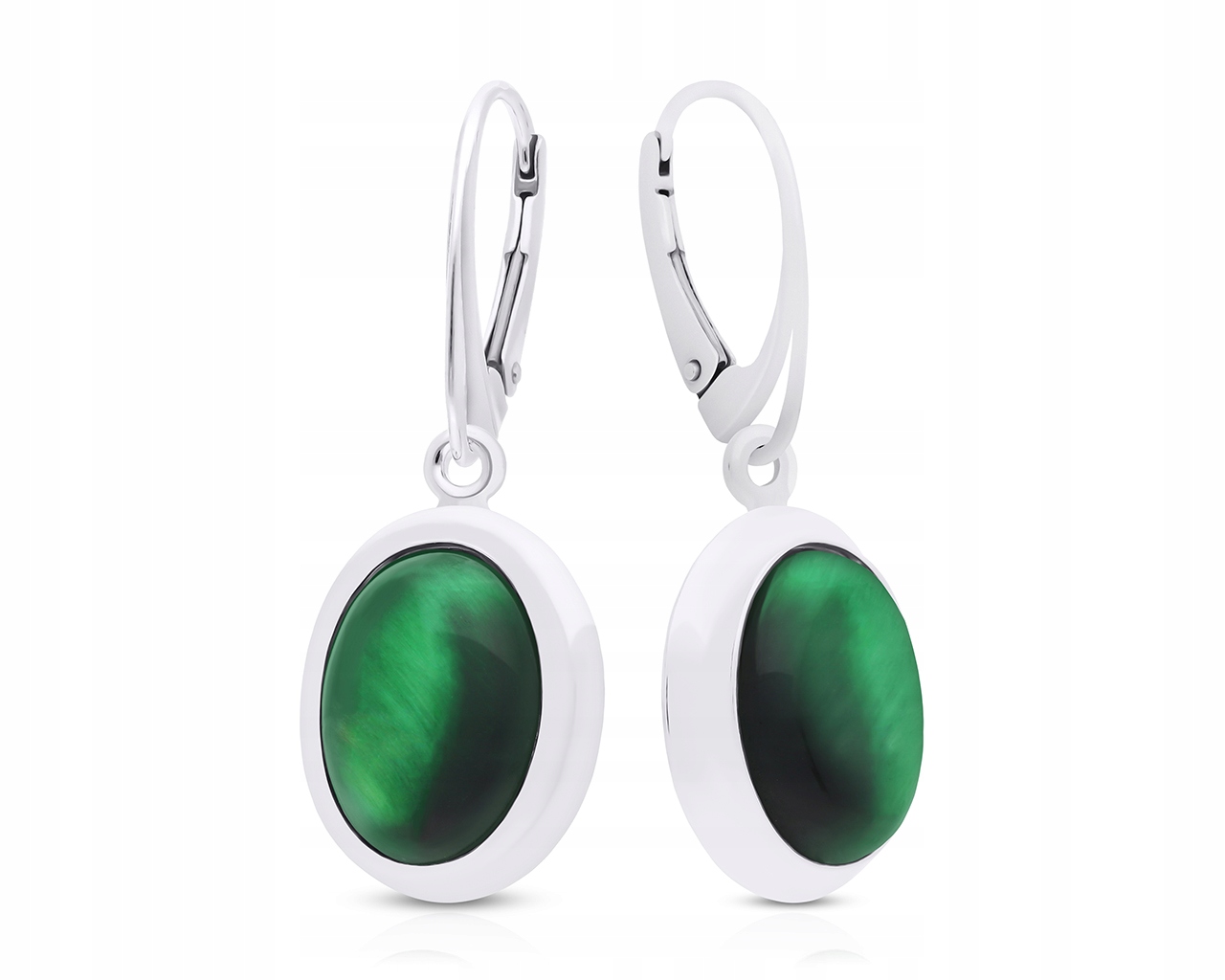 Stříbrné Náušnice Závěsné Přírodní Tygří oko Zelené Dámské Oválné 925