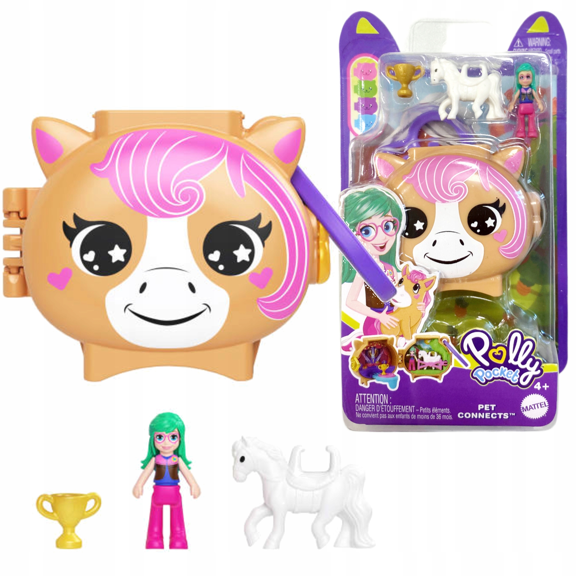 POLLY POCKET SZETT KOMPAKT PÓNI KULCSTARTÓ + JÁTÉKBABA ÉS LÓ FIGURA AKC.