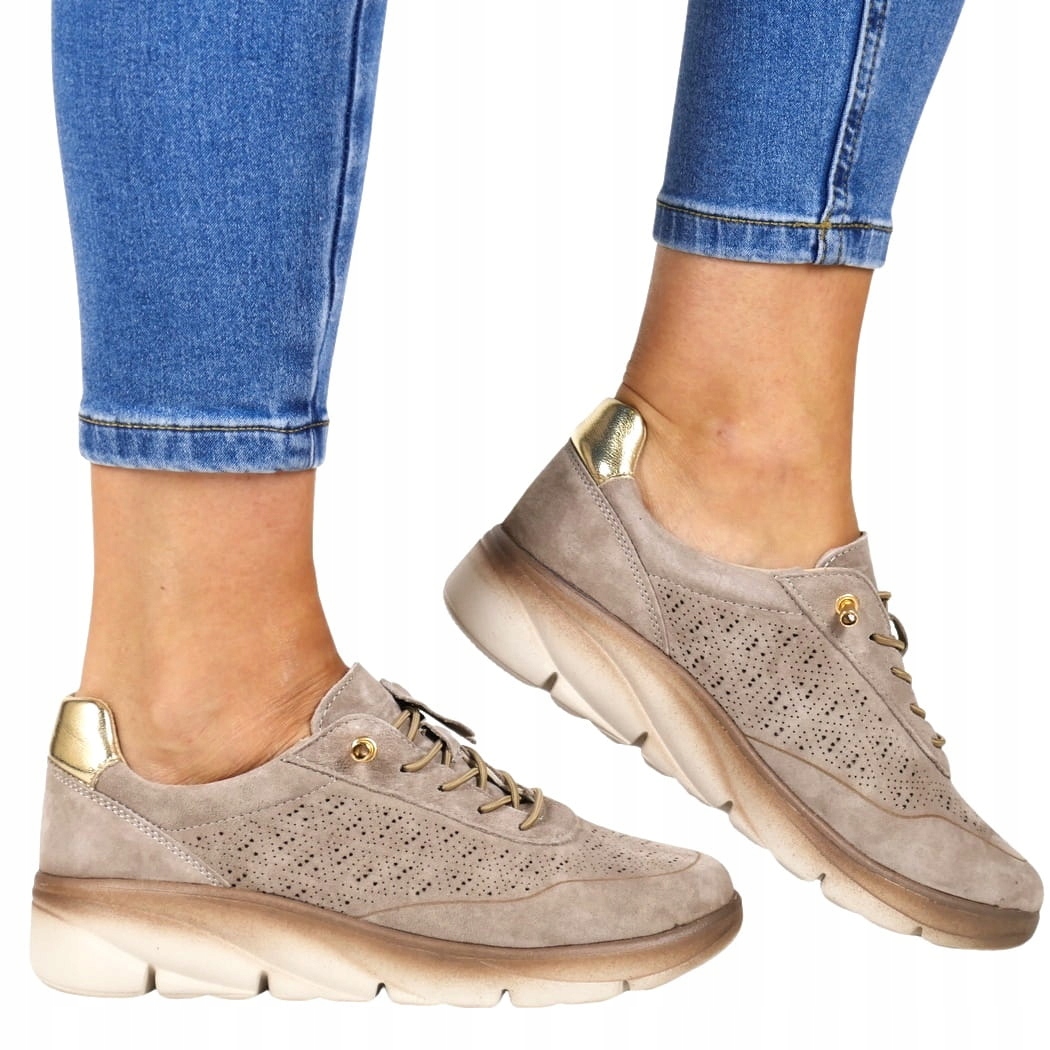 iButy Polobotky Tenisky Ažurové Kožené Pohodlné Světle Hnědé Béžové Zlaté