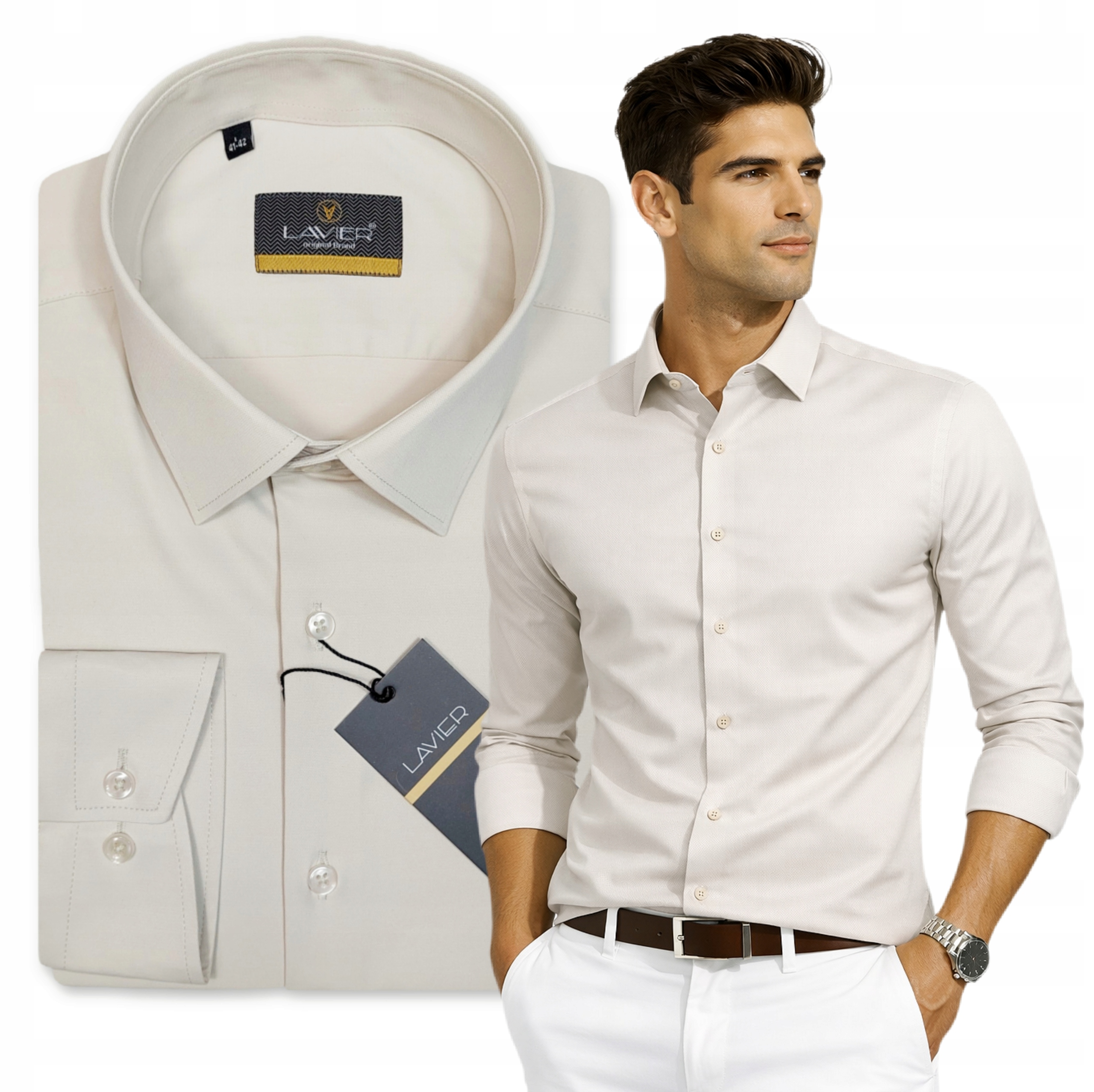 Pánská košile Jasná Béžová Lavier – elegantní, Slim Fit, bavlněná, vel.
