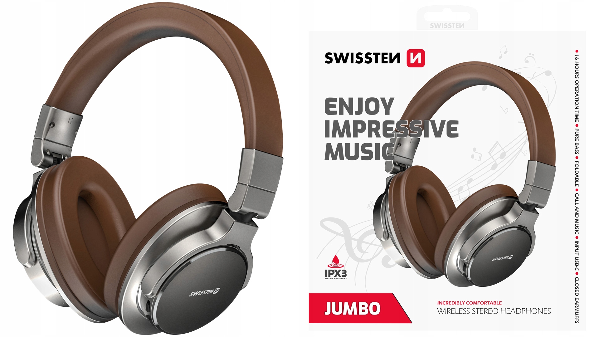 Swissten Jumbo bluetooth sluchátka hnědá