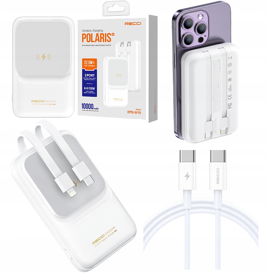 Rychlá Indukční Powerbanka 10000MAH 22,5W 3V1 S Kabelem Usb-c Pro Lightning