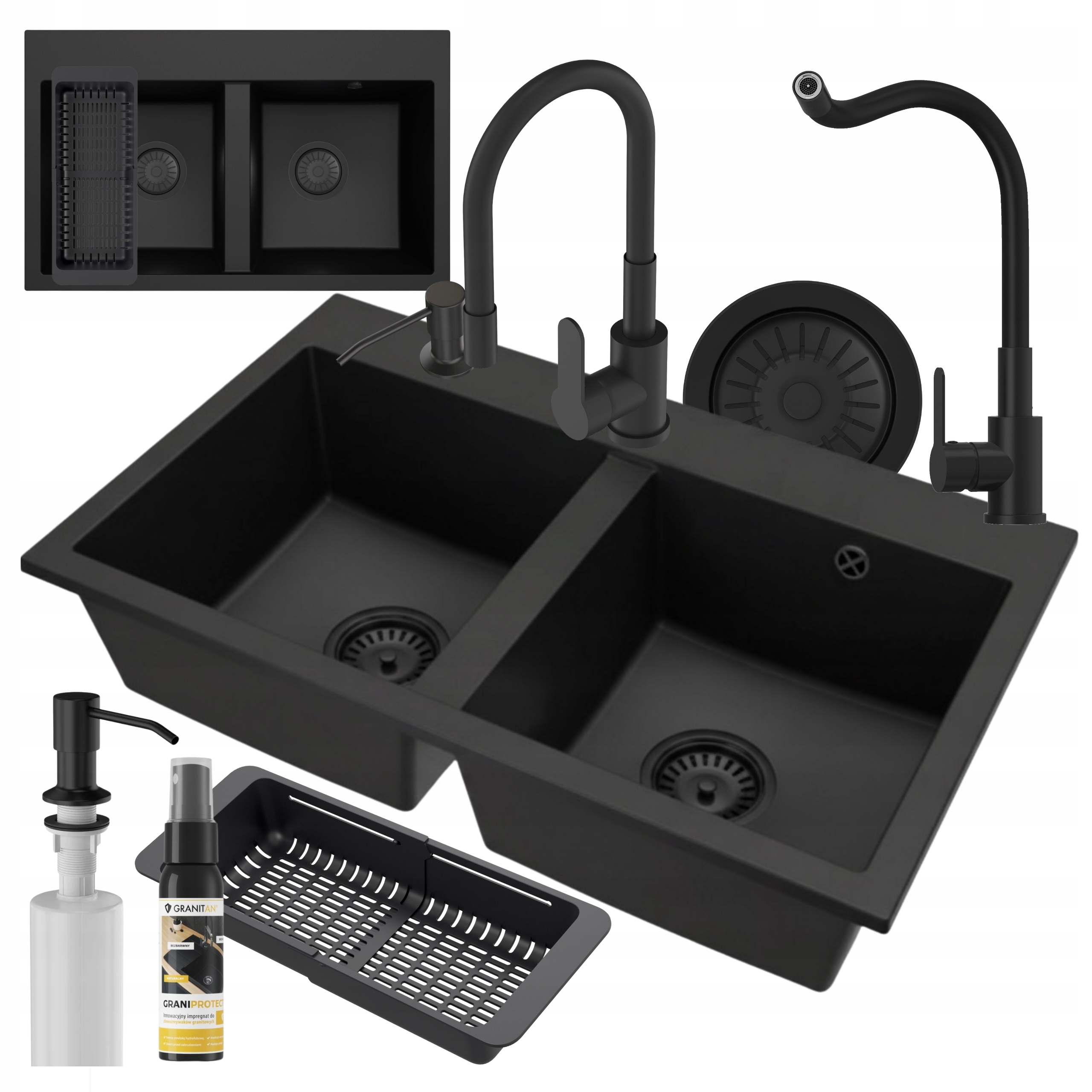 Granitový drez Dvojkomorový Twin Sada drezu batéria sifón