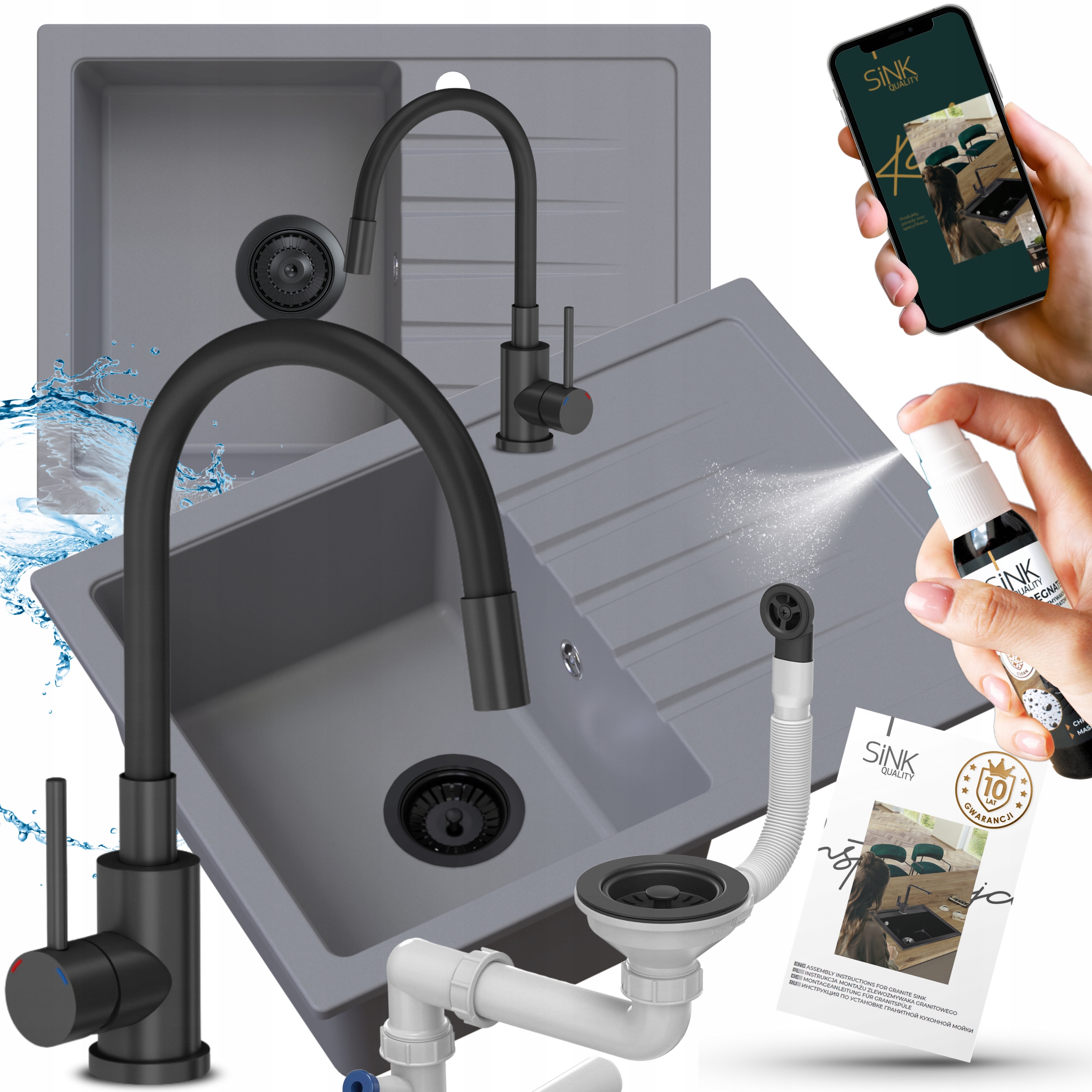 Granitový Dřez Jednokomorový Šedý, Flexibilní Baterie, Sifon Černý