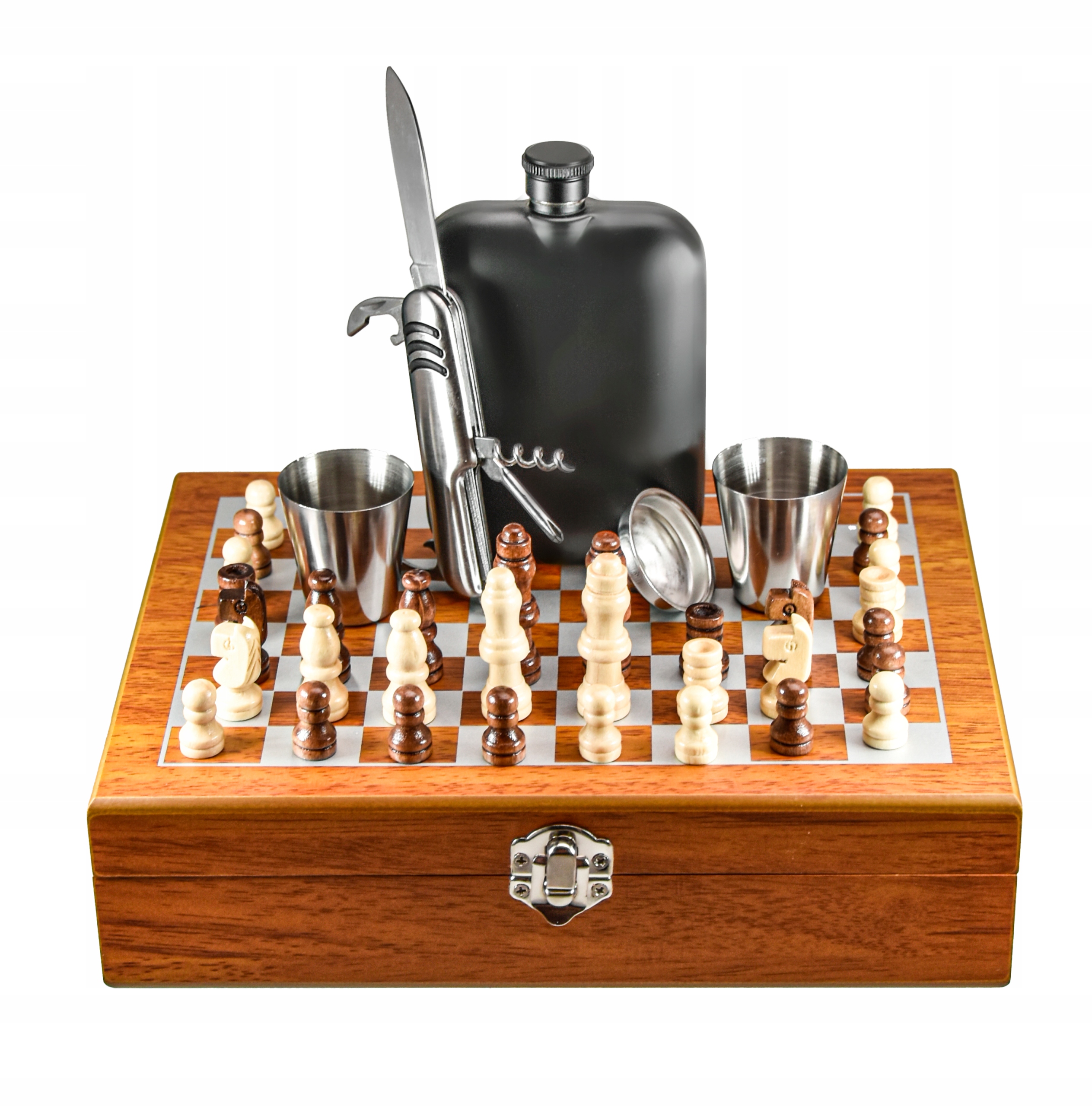 Placatka Sada Šachů Skleničky Trychtýř Kapesní Nůž Dřevěná Kazeta Dárek