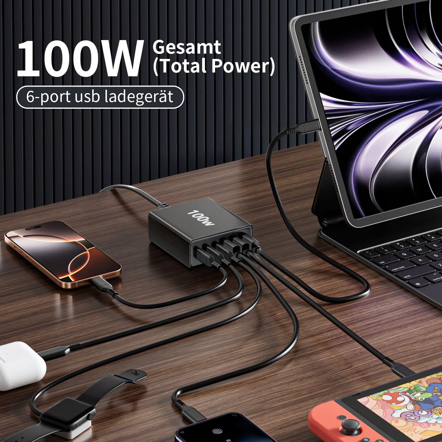 HSSNS Ładowarka USB C 100W 6-Port Szybkie Ładowanie iPad iPhone Smartfony — miniatura 2