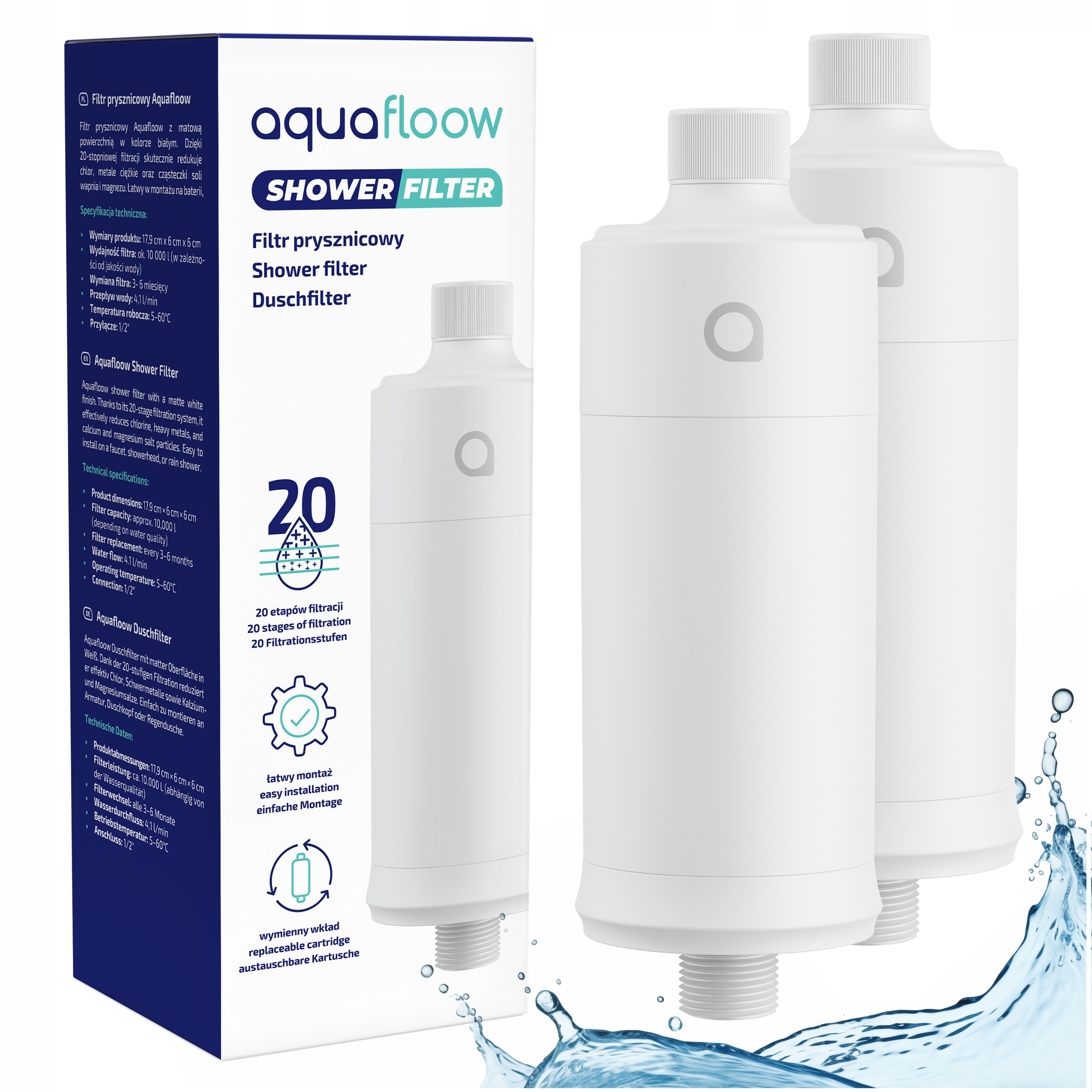 2x Filtr prysznicowy AquaFloow redukuje chlor metale zmiękcza wodę biały