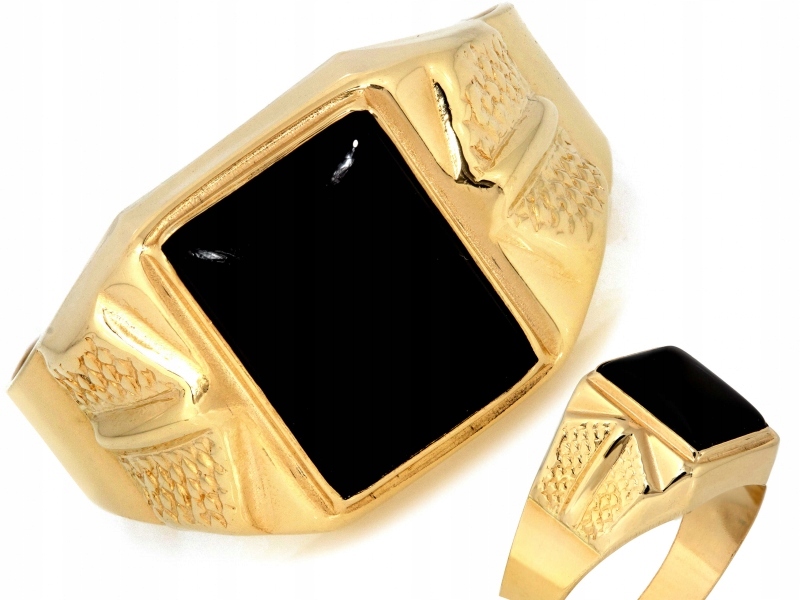 Zlatý prsten 585 pánský elegantní velký s černým obdélníkovým kamenem r24