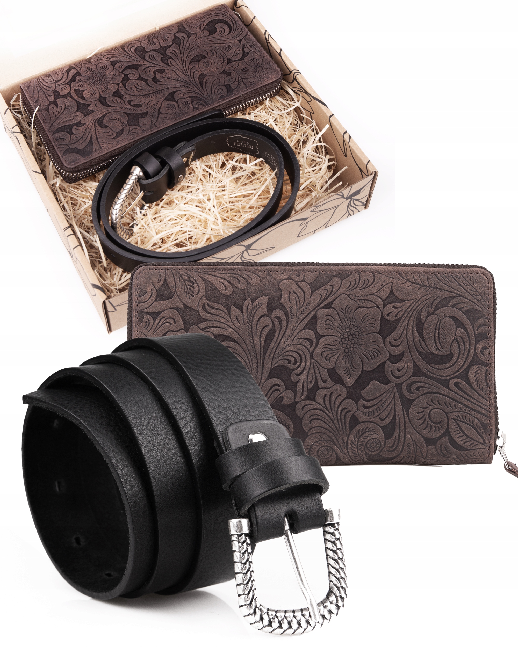 Narozeninový Set Dámský Dárek Kožená Peněženka Hnědá S Květinami Pásek