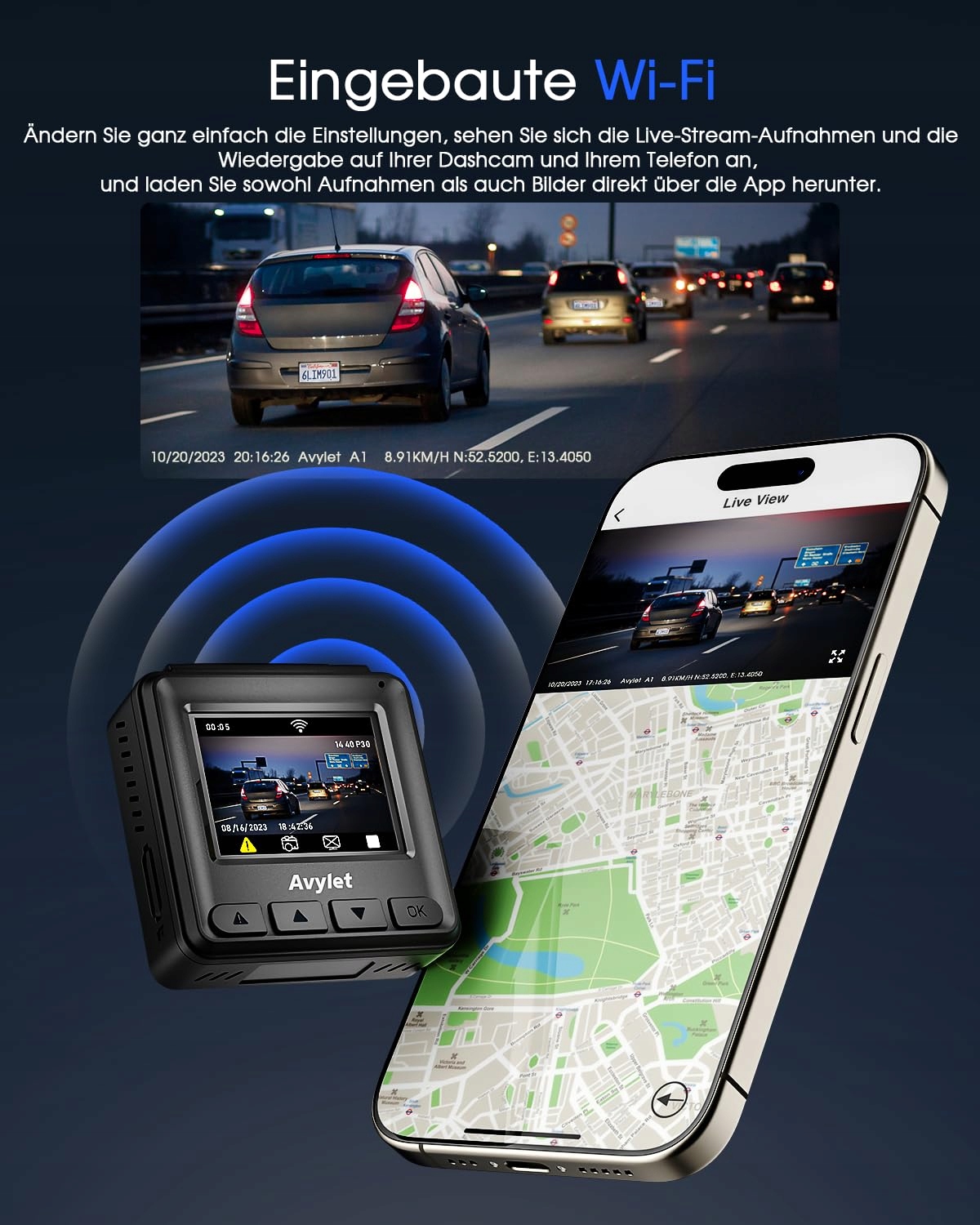 VORNE Kamera Samochodowa WiFi 2K GPS Aplikacja IPS Nocny Tryb 150° WDR — miniatura 3