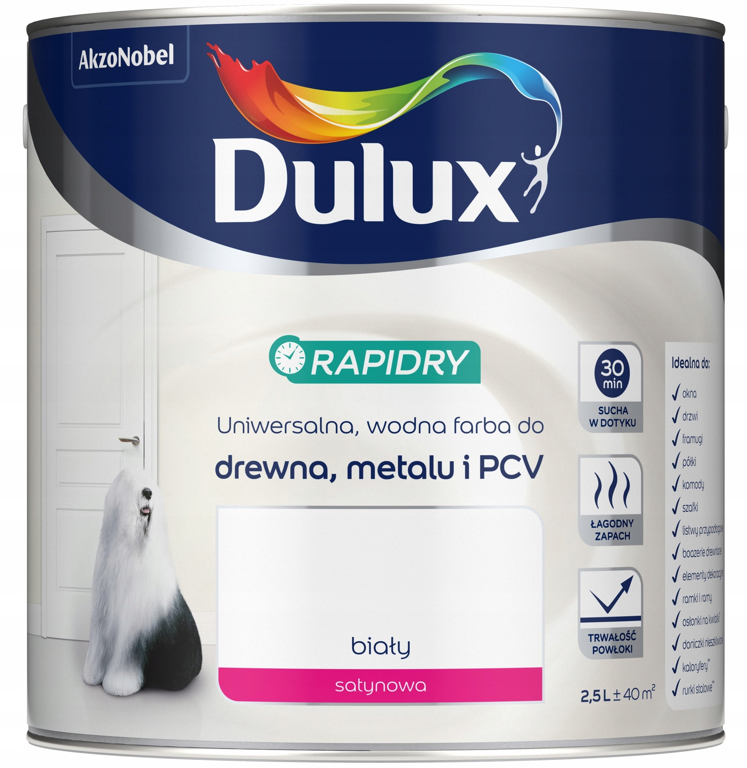 DULUX EMALIA RAPIDRY FARBA BIAŁA SATYNOWA 2.5L