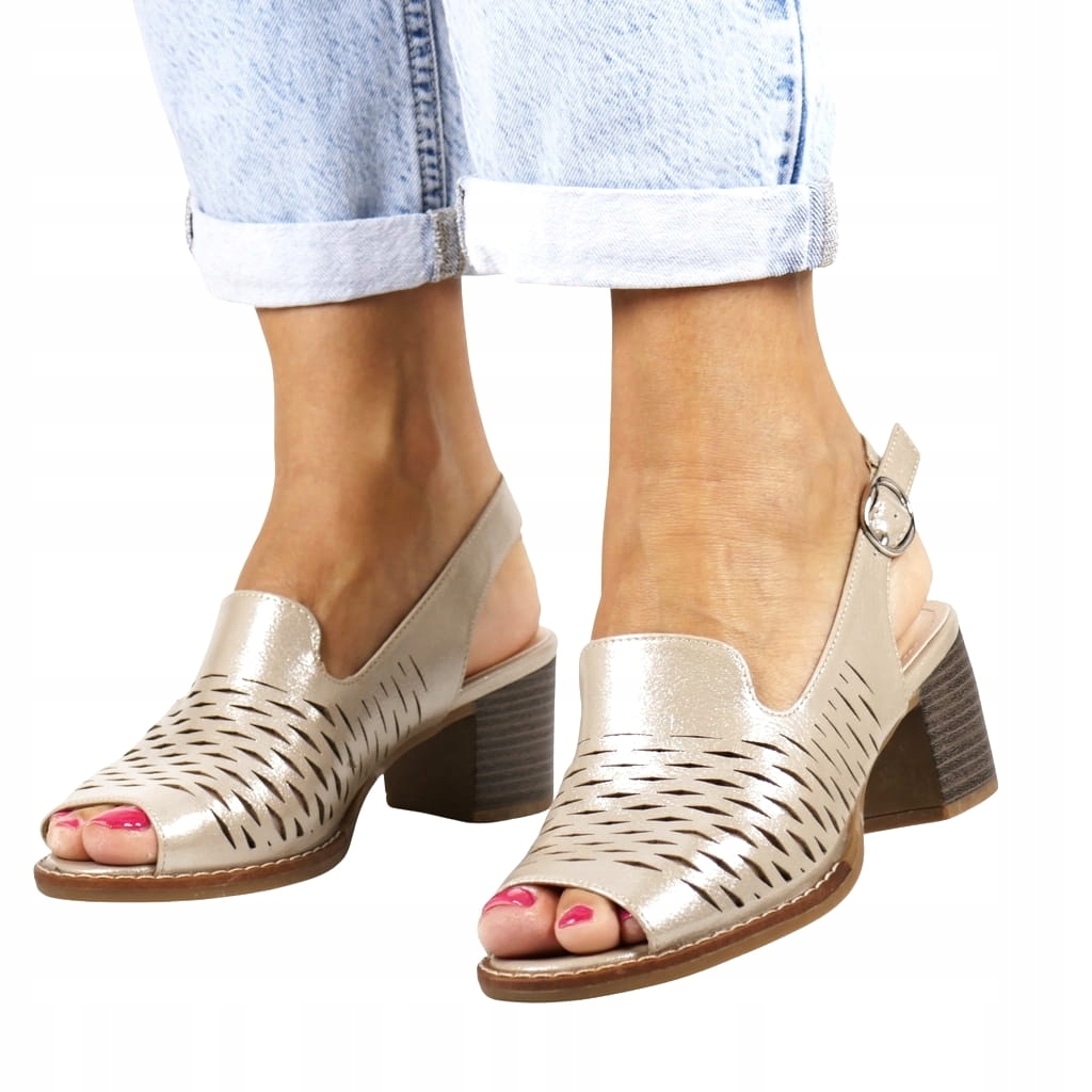 Zlaté Dámské Vyřezané Sandály Na Podpatku, Pohodlné, Lesklé, Velikost 39