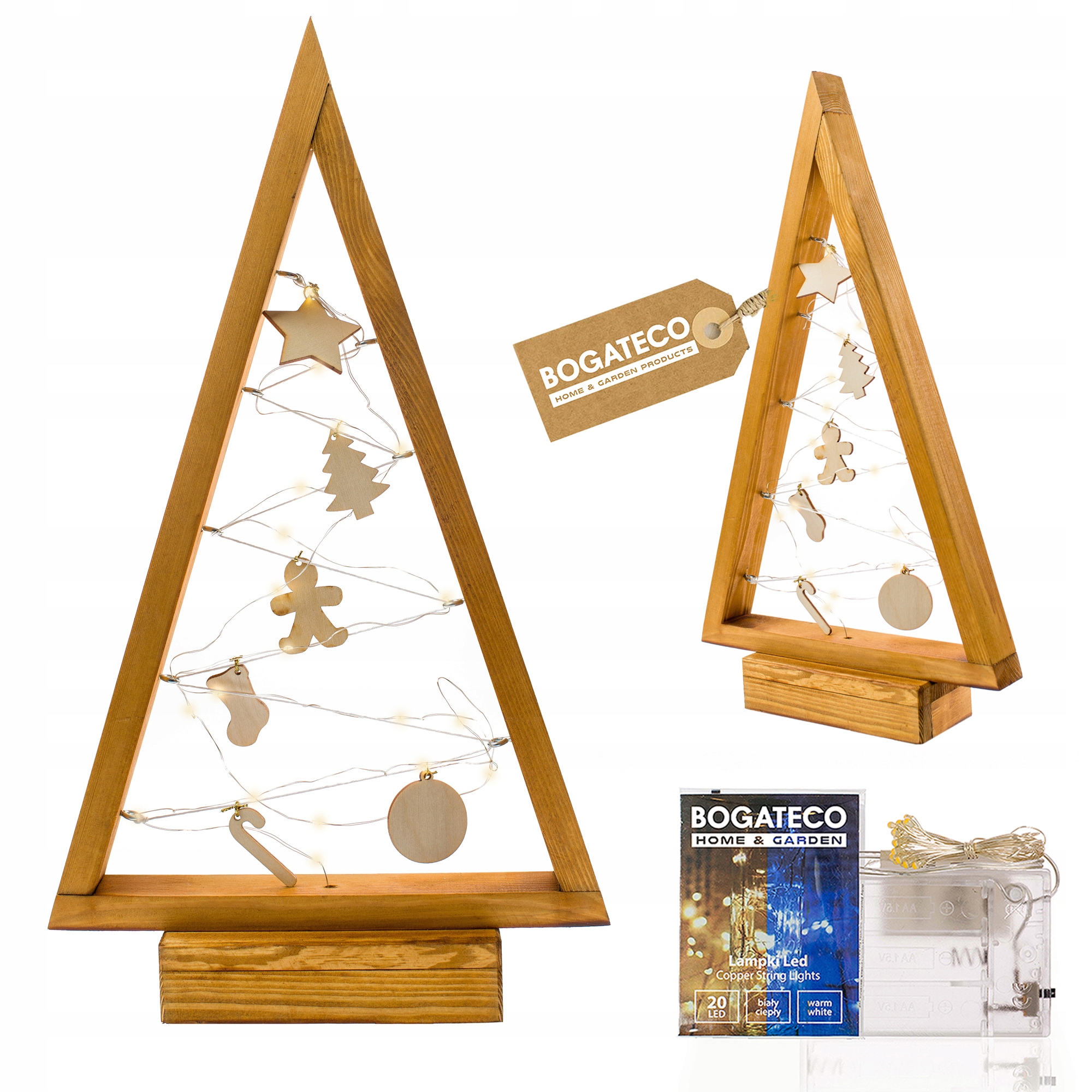 Dřevěný Vánoční Stromek 52 CM, Stojící, Ozdobný Led S Ozdobami, Hnědý