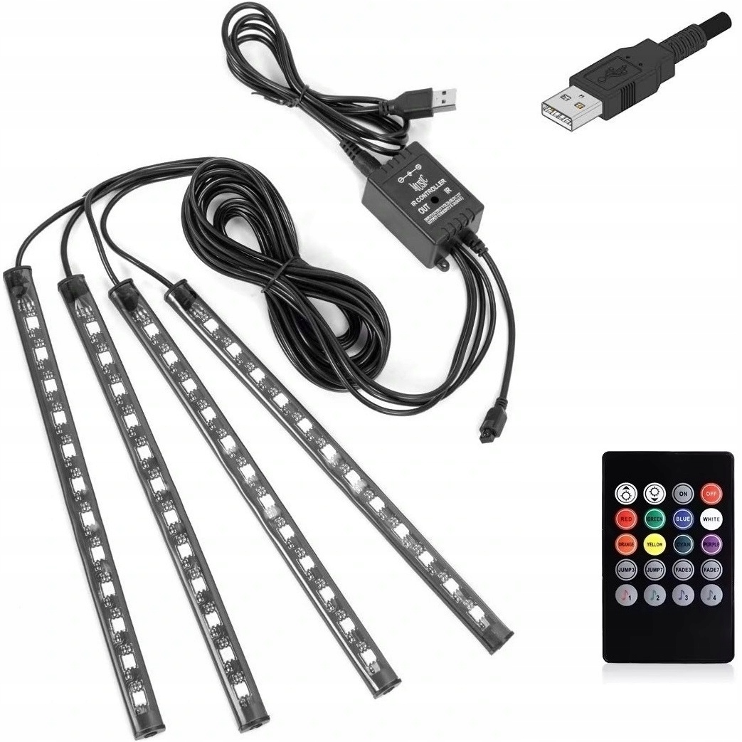 Paski LED USB - OŚWIETLENIE LEDOWE Ledy wnętrza auta Taśma kabiny samochodu