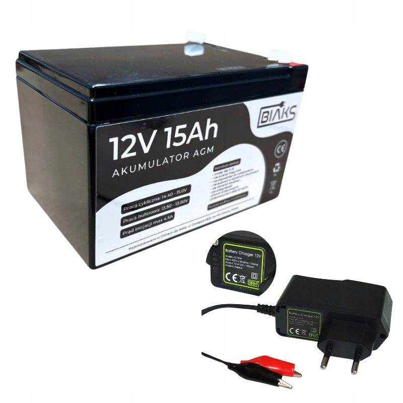 Akumulátor Agm 12V 15Ah Biaks (rozměr 10Ah 12Ah14Ah) nabíječka Pw solární