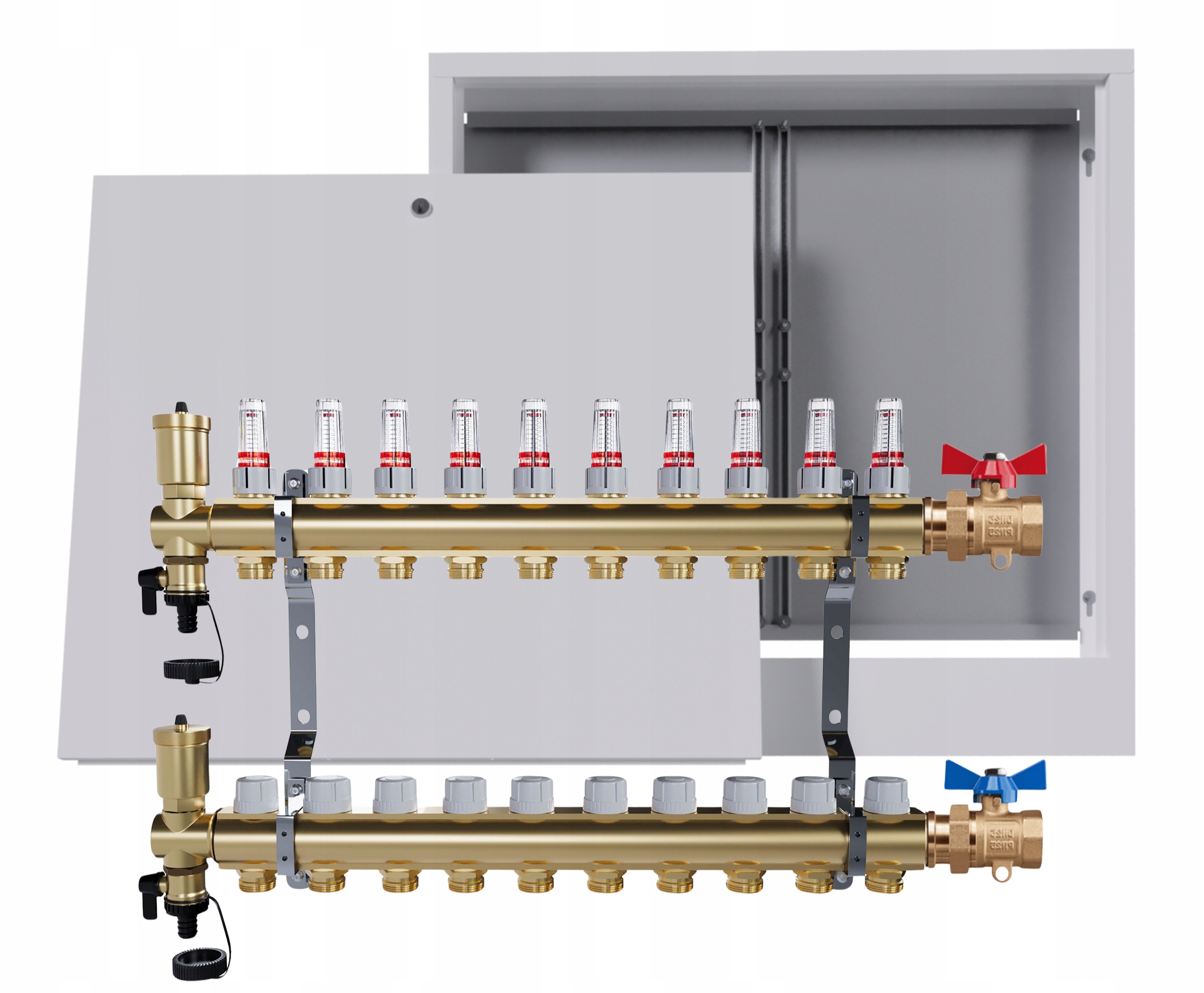 Rozdělovač podlahových krytin mosazný 10 obvodů nástěnná skříňka jednoduchý ventil