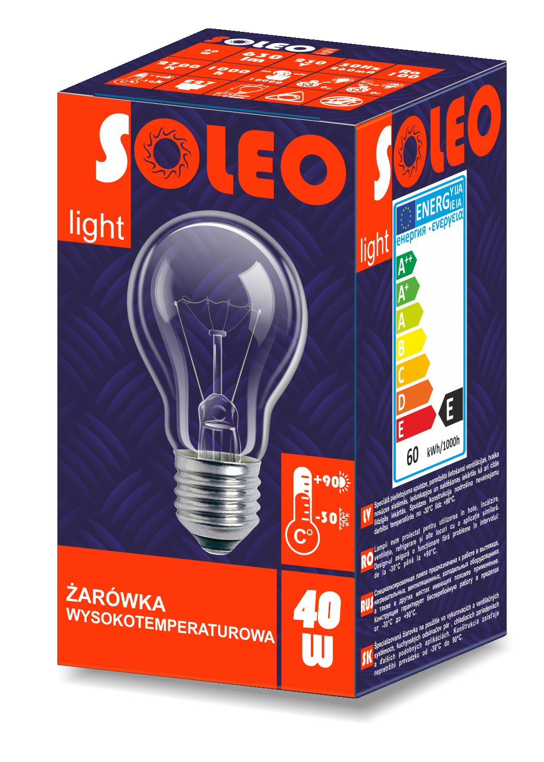 Żarówka WYSOKOTEMPERATUROWA tradycyjna SOLEO 40W A55 E27 230V 420lm 2700K Marka Helios